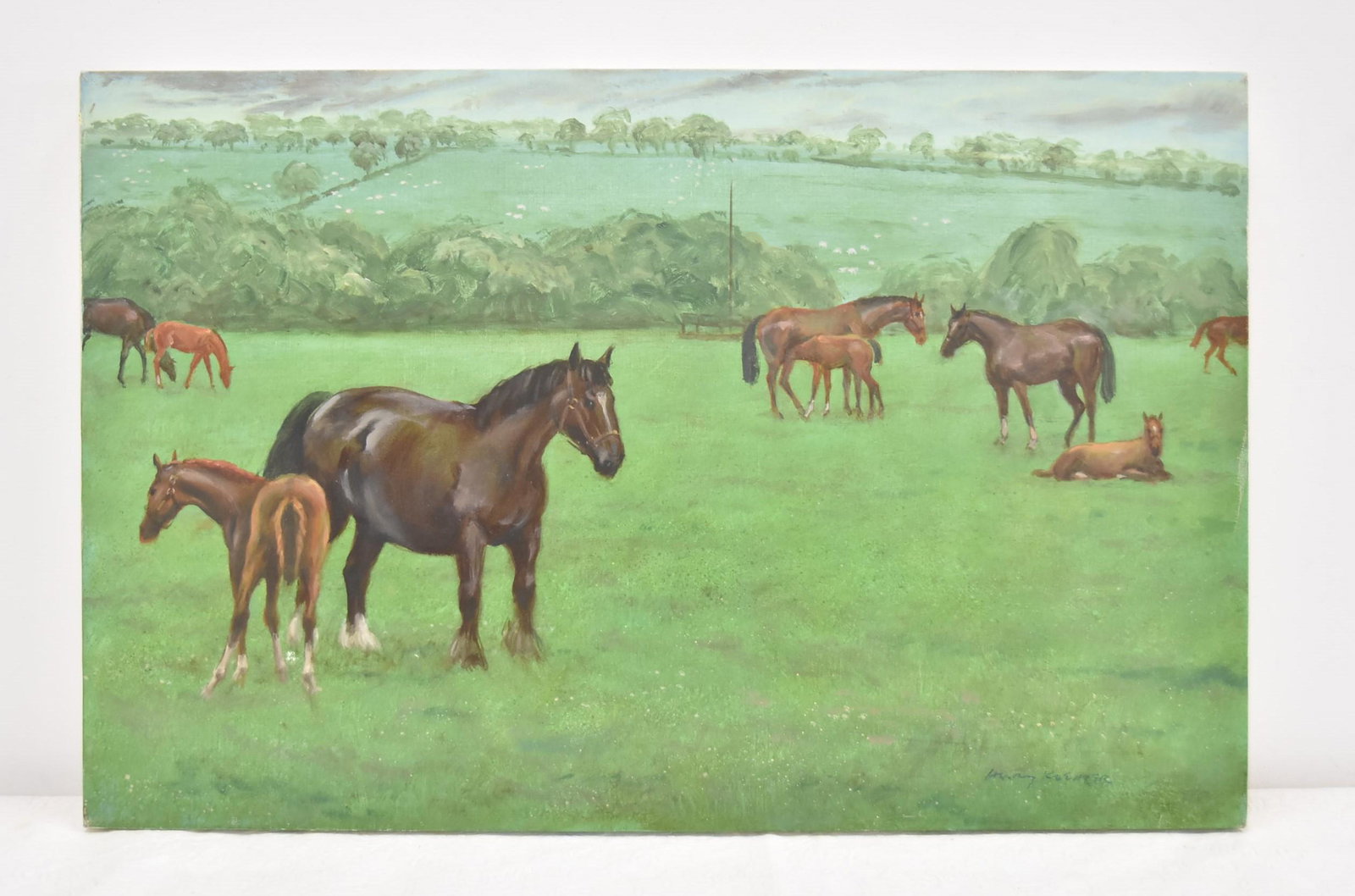 HENRY KOEHLER (AMERICAN,1927-2018): OIL ON CANVAS OF HORSES IN FIELD , TITLED "FOSTERMARE , COOLMARE , 2001 , SIGNED HENRY KOEHLER - 20" x 13" UNFRAMED