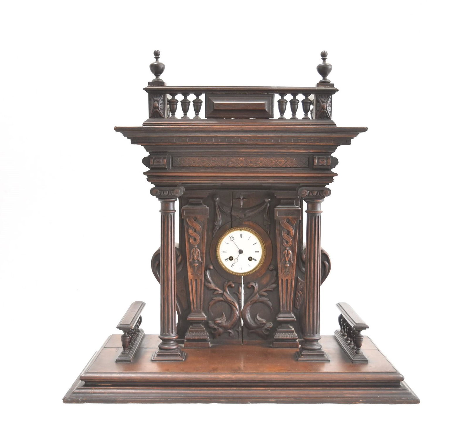 ELABORATE CARVED OAK MANTLE CLOCK: ENGLISH / GERMAN ? CARVED OAK MANTLE CLOCK WITH FRENCH MEDAILLE de BRONZE MOVEMENT - 4" x 12" x 24" (MOVEMENT MISSING PENDULUM ; CASE HAS CRACK)