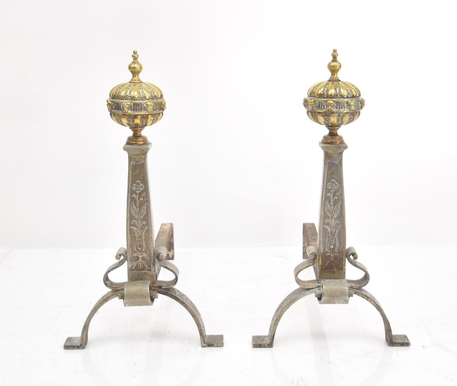(Pr) ART NOUVEAU BRONZE & IRON ANDIRONS: (Pr) ART NOUVEAU POLISHED IRON ANDIRONS WITH GILDED BRONZE TOPS - 12 1/2" x 25" x 24"