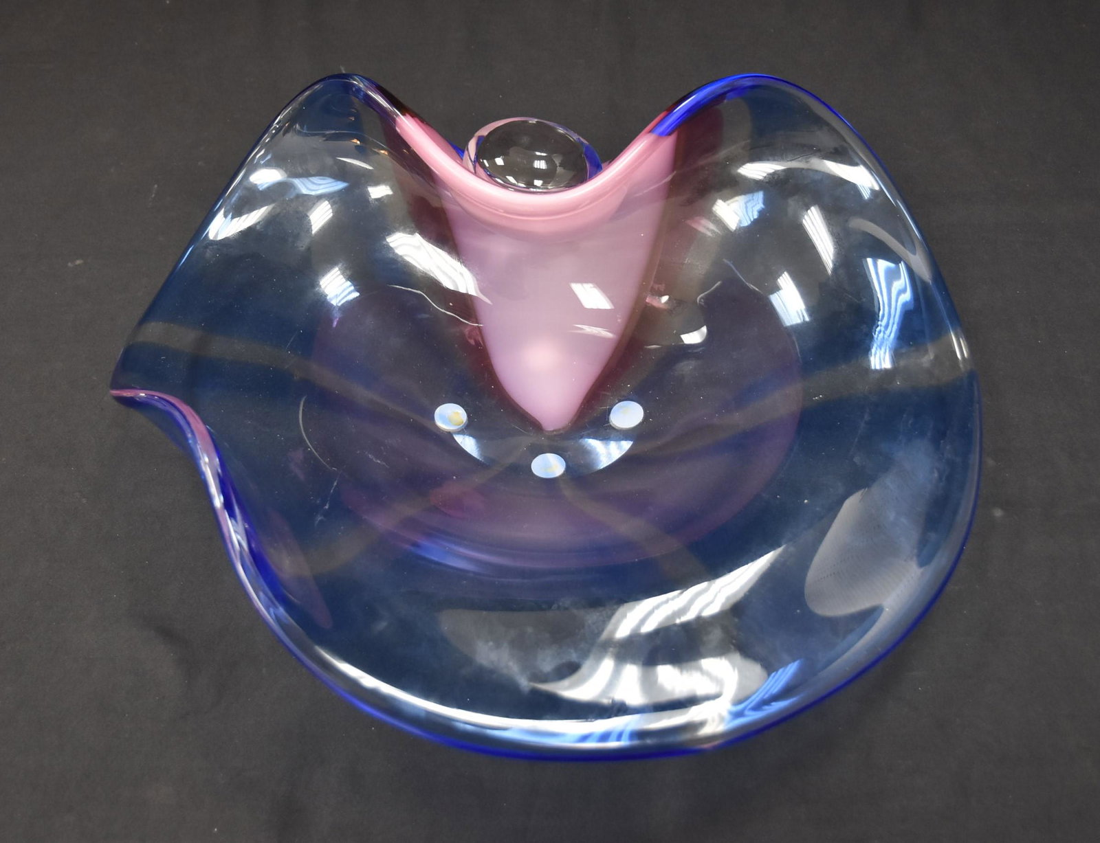 LARGE MULTI COLOR SEGUSO MURANO BOWL: SEGUSO MURANO , LARGE MULTI COLOR MURANO ART GLASS CENTERPIECE BOWL - 18 1/2" x 14" x 6"