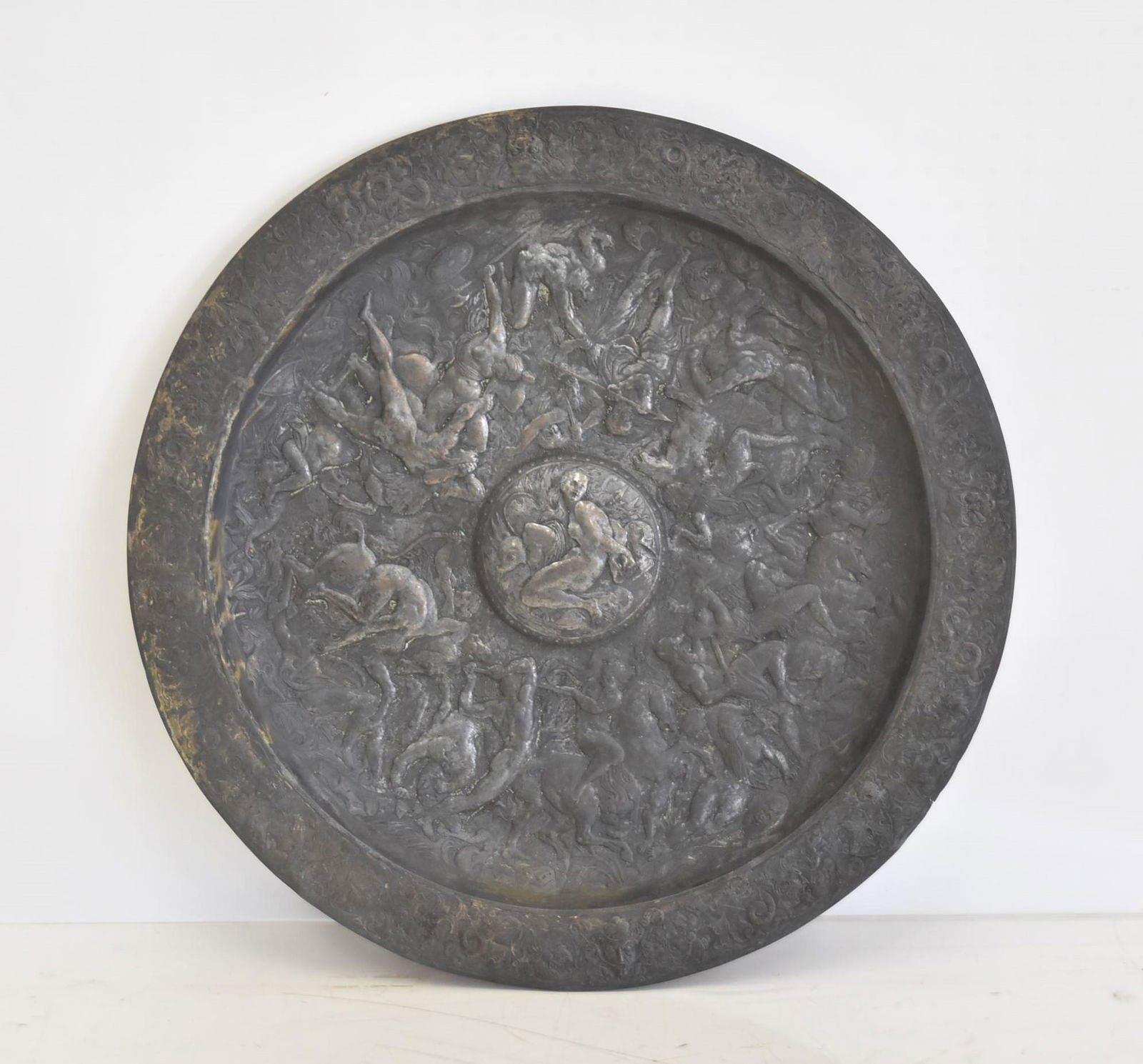 LARGE ANTIQUE SILVER OVER COPPER RELEIF CHARGER (1 of 10)