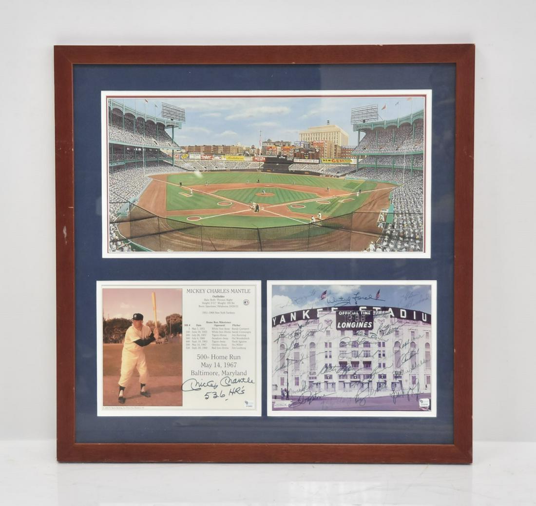 NEW YORK YANKEES AUTOGRAPHED COLLAGE: MICKEY MANTLE AUTOGRAPHED 500th HOMERUN CARD PLAQUE & NEW YORK YANKEES SIGNED PHOTO OF STADIUM AUTOGRAPHED BY ALL TIME YANKEE GREATS REGGIE JACKSON , WHITEY FORD , PHIL RIZZUTO , JOE PEPPITONE , MOOSE