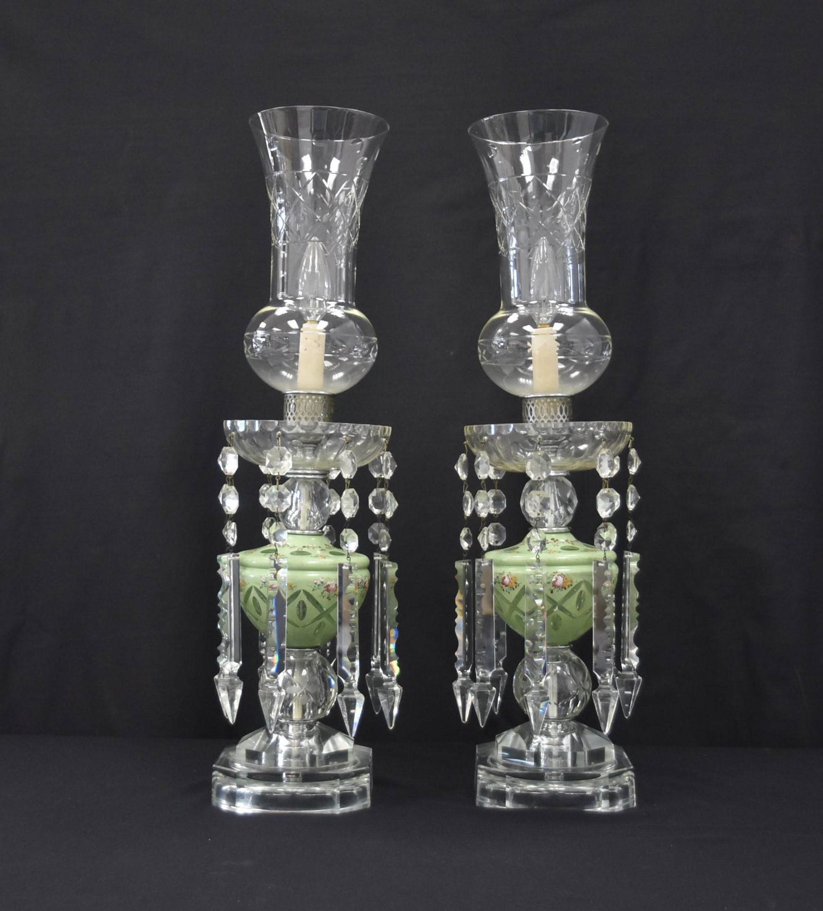 (Pr) CUT GLASS HURRICANE LAMPS (1 of 10)