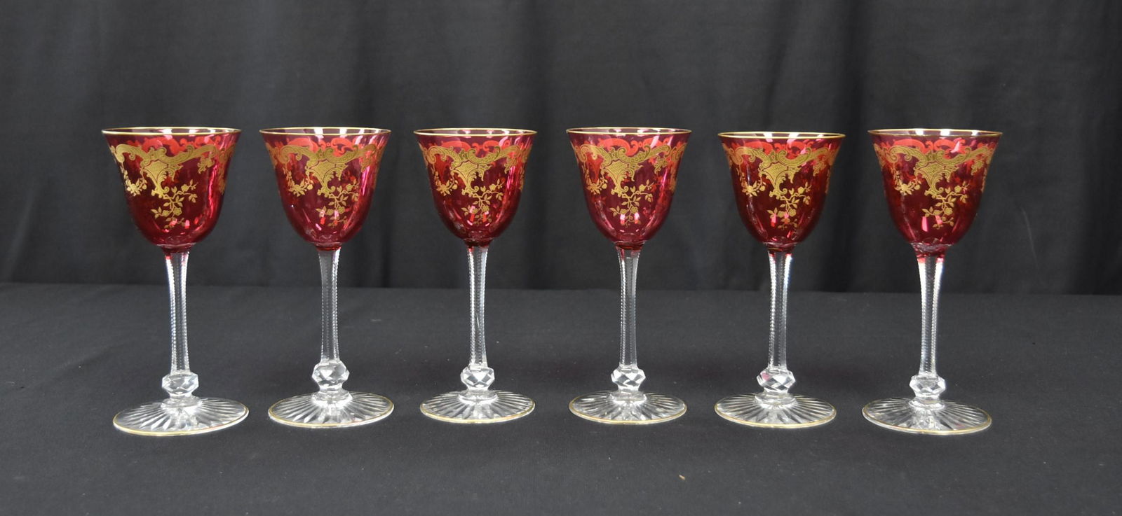 (6) BOHEMIAN CRANBERRY & GOLD STEMWARE GLASSES (1 of 9)