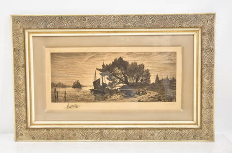 CHARLES MIELATZ ETCHING OF BOATS ON SHORELINE: Charles Frederick William Mielatz (GERMAN. AMERICAN - 1864-1919) ETCHING OF BOATS ON SHORELINE WITH ARTIST REMARQUE , PUBLISHED BY FISHEL ADLER & SCHWARTZ , NEW YORK , 1887 , SET IN CARVED SILVERTONE