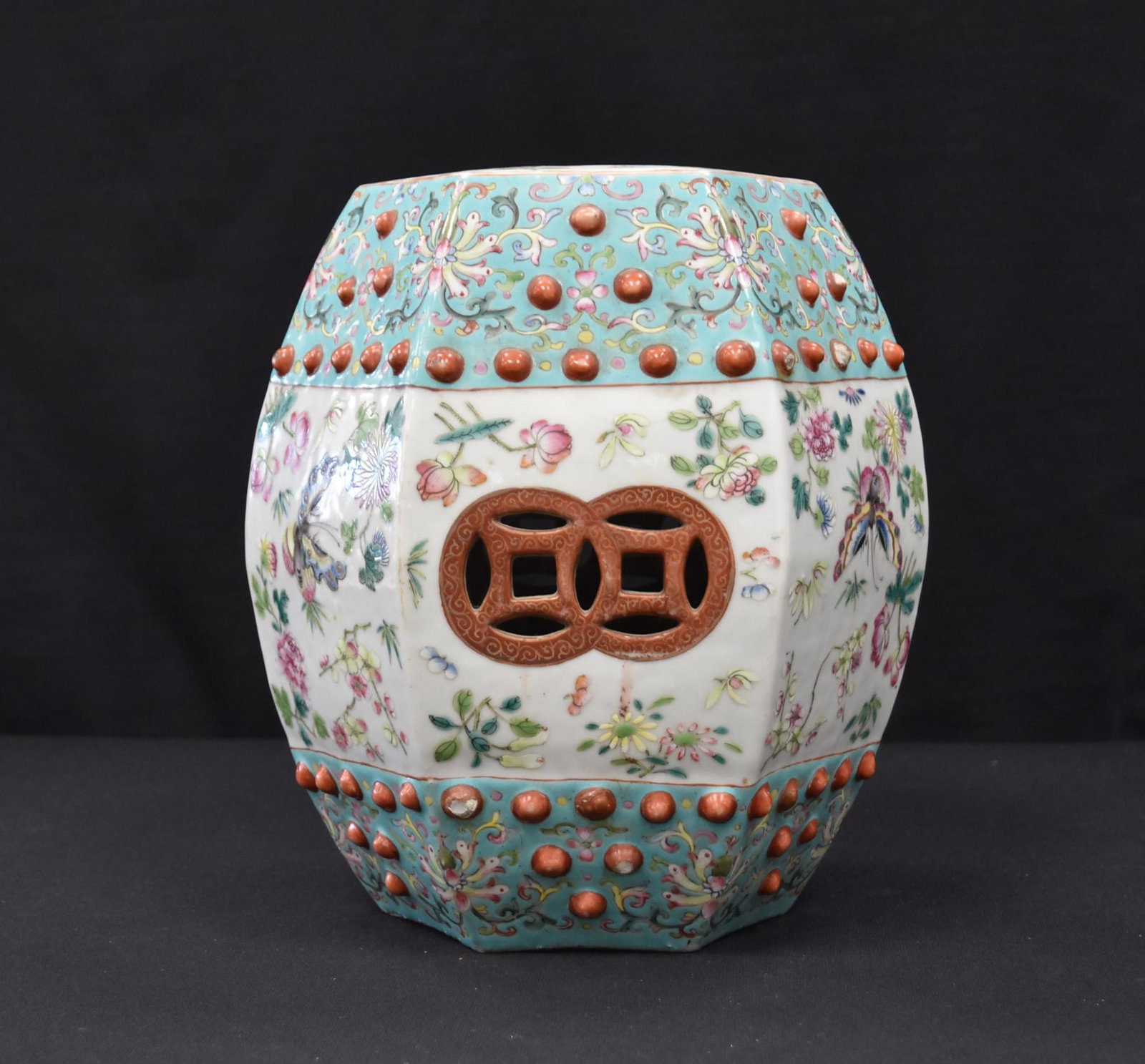 ANTIQUE CHINESE PORCELAIN GARDEN SEAT: ANTIQUE OCTAGONAL CHINESE PORCELAIN GARDEN SEAT WITH BUTTERFLIES & RETICULATED DESIGNS - 9" x 12"
