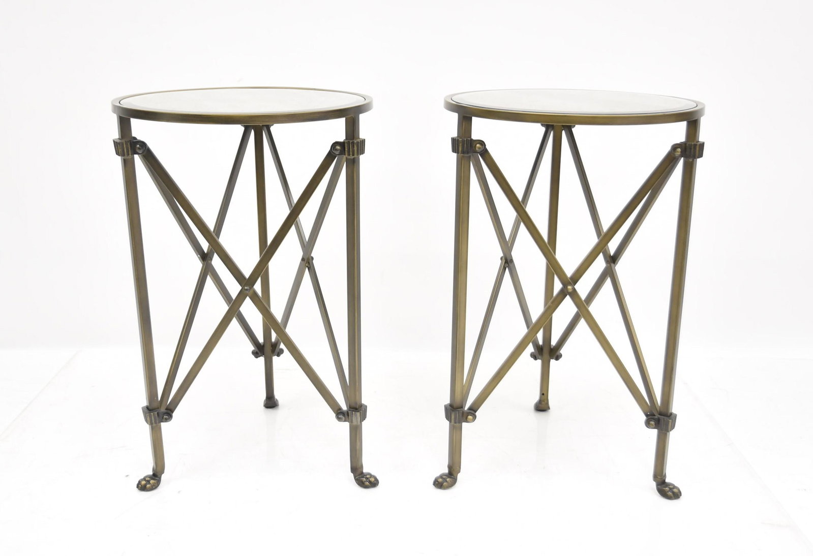 (Pr) BRONZED GEURIDON STANDS: (Pr) PATINATED METAL GEURIDON TABLE STANDS WITH SMOKE MIRROR GLASS TOPS & CLAW FEET - 17" x 26 1/2"