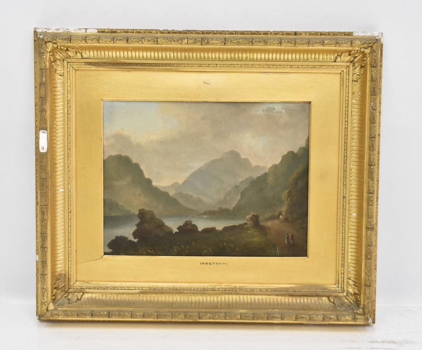 ATTR JULIUS CAESAR IBBETSON , OIL ON PANEL: ATTRIBUTED TO JULIUS CAESAR IBBETSON ( BRITISH ( 1759 - 1817) OIL ON PANEL MOUNTAIN RIVER LANDSCAPE , SIGNED JC IBBETSON , LOWER RIGHT - 11" x 8" ; 17 1/2" x 15" OVERALL