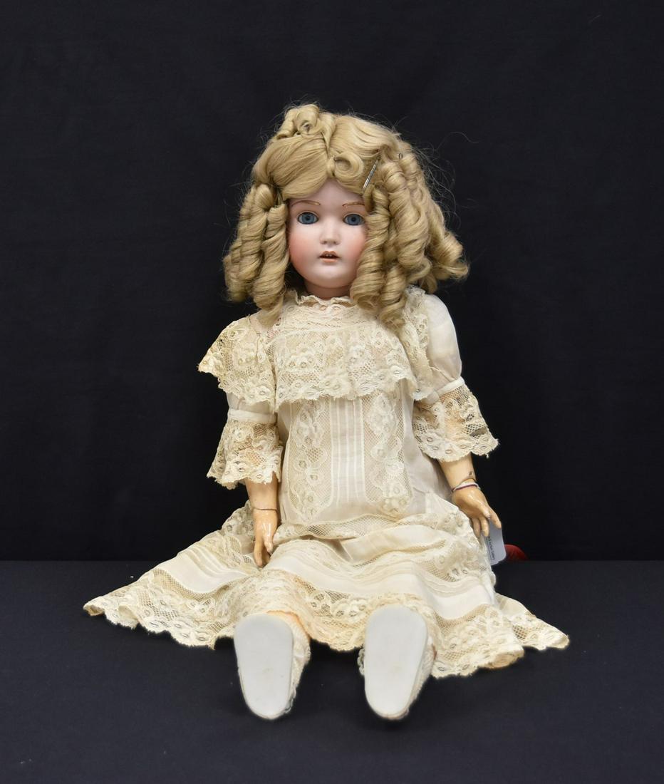 KESTNER 196 BISQUE HEAD DOLL: GERMAN KESTNER # 196 BISQUE DOLL WITH BLUE SLEEP EYES , HAIR EYEBROWS ; WITH RIBBON FROM PATCHOGUE DOLL CLUB , 1981 ; HEAD IS 15" ; 28" TALL OVERALL