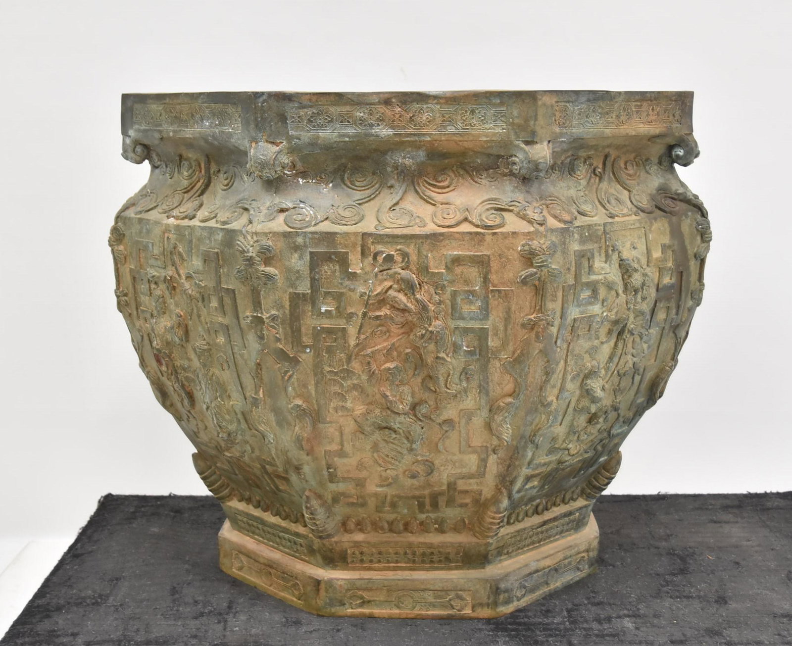 LARGE CHINESE BRONZE PLANTER: VERY LARGE MING DYNASTY PATTERN CHINESE BRONZE GARDEN URN PLANTER WITH RAISED CHINOISERIE FIGURAL SCENES - 30" x 26" (PLEASE NOTE THIS ITEM IS VERY HEAVY PLEASE CALL FREIGHTING COMPANIES FOR QUOTES BE