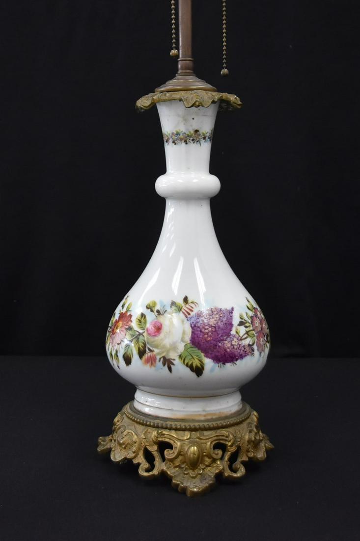 HAND PAINTED OPALINE LAMP WITH FLOWERS: 7" x 24" OVERALL