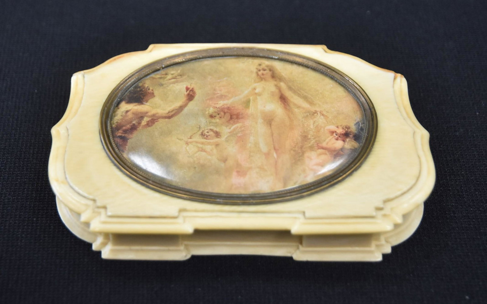 ANTIQUE CARVED BONE COMPACT BOX: WITH PRINT OF NUDES - 3 3/4" x 1/2" x 2 1/2"