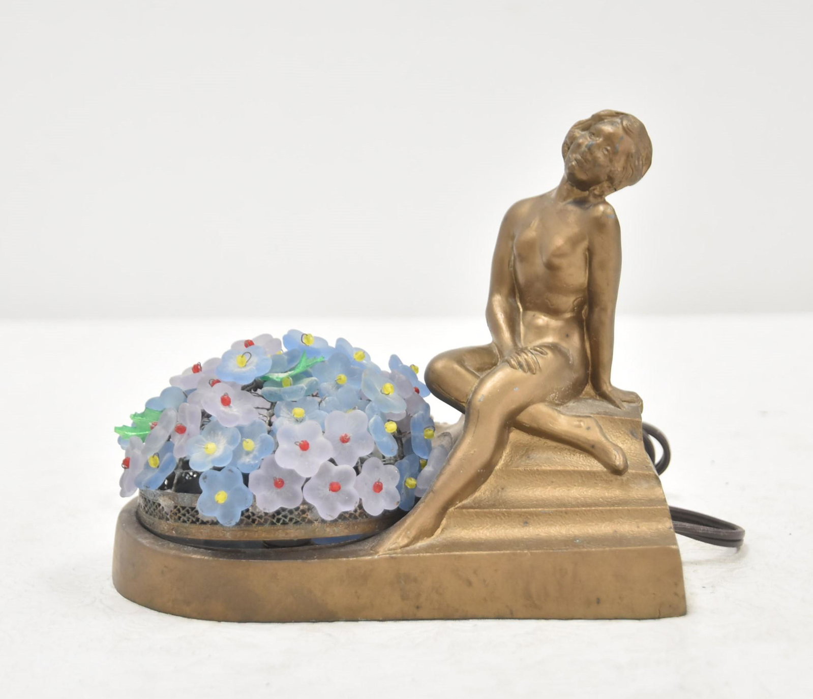 DECO NUDE WOMAN LAMP: ART DECO GILDED METAL NUDE WOMAN LAMP WITH FLOWER GLASS SHADE - 6 1/2" x 4" x 5 1/2"