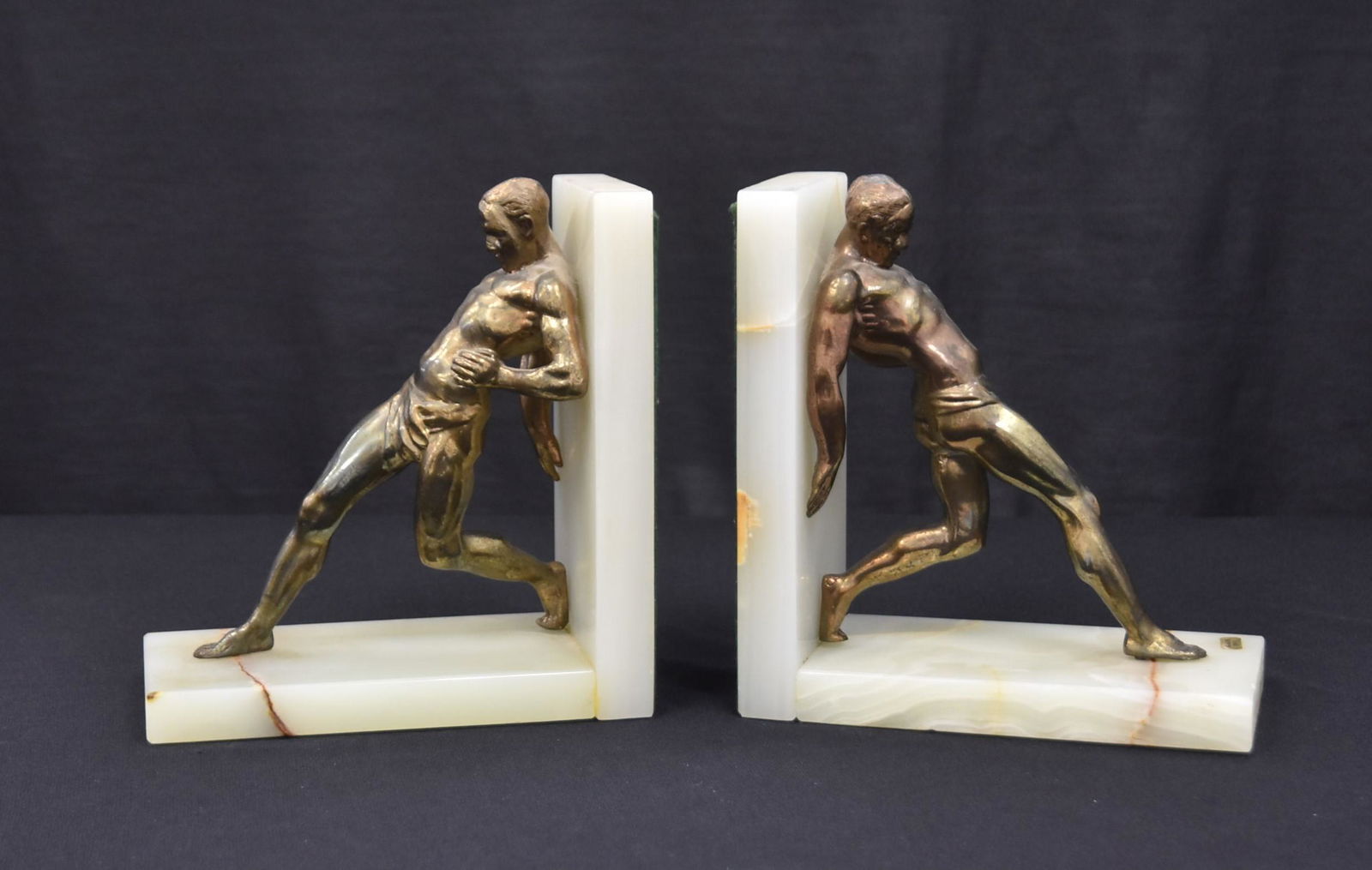 (Pr) ART DECO MALE NUDE BOOKENDS: (Pr) ART DECO GRECO ROMAN WRESTLERS HOLDING BOOKENDS - 7 1.2: x 3 1/2" x 7 1/2"