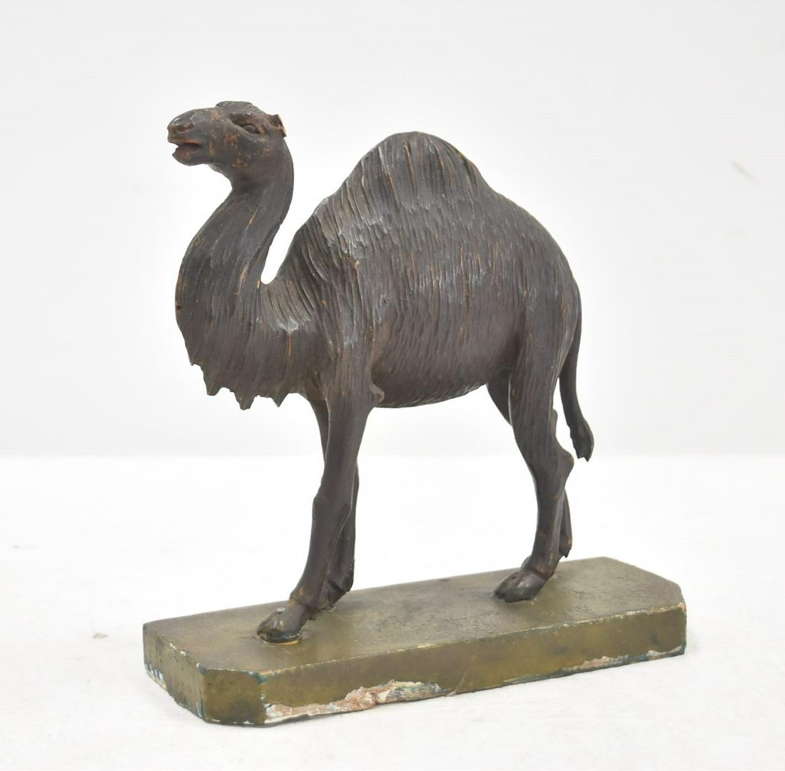 ANTIQUE CARVED CAMEL: ANTIQUE CARVED WOOD CAMEL - 8" x 3" x 8 1/2" (MISSING EAR)