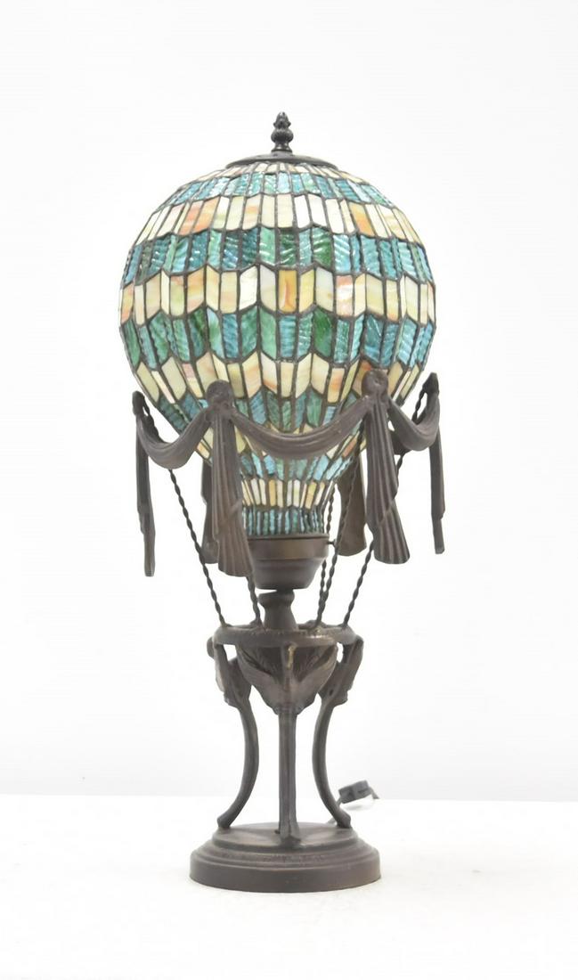 LEADED GLASS HOT AIR BALLOON LAMP: LEADED GLASS HOT AIR BALLOON LAMP BEING SUPPORTED BY (3) BIRDS & SWAGS - 10" x 25"