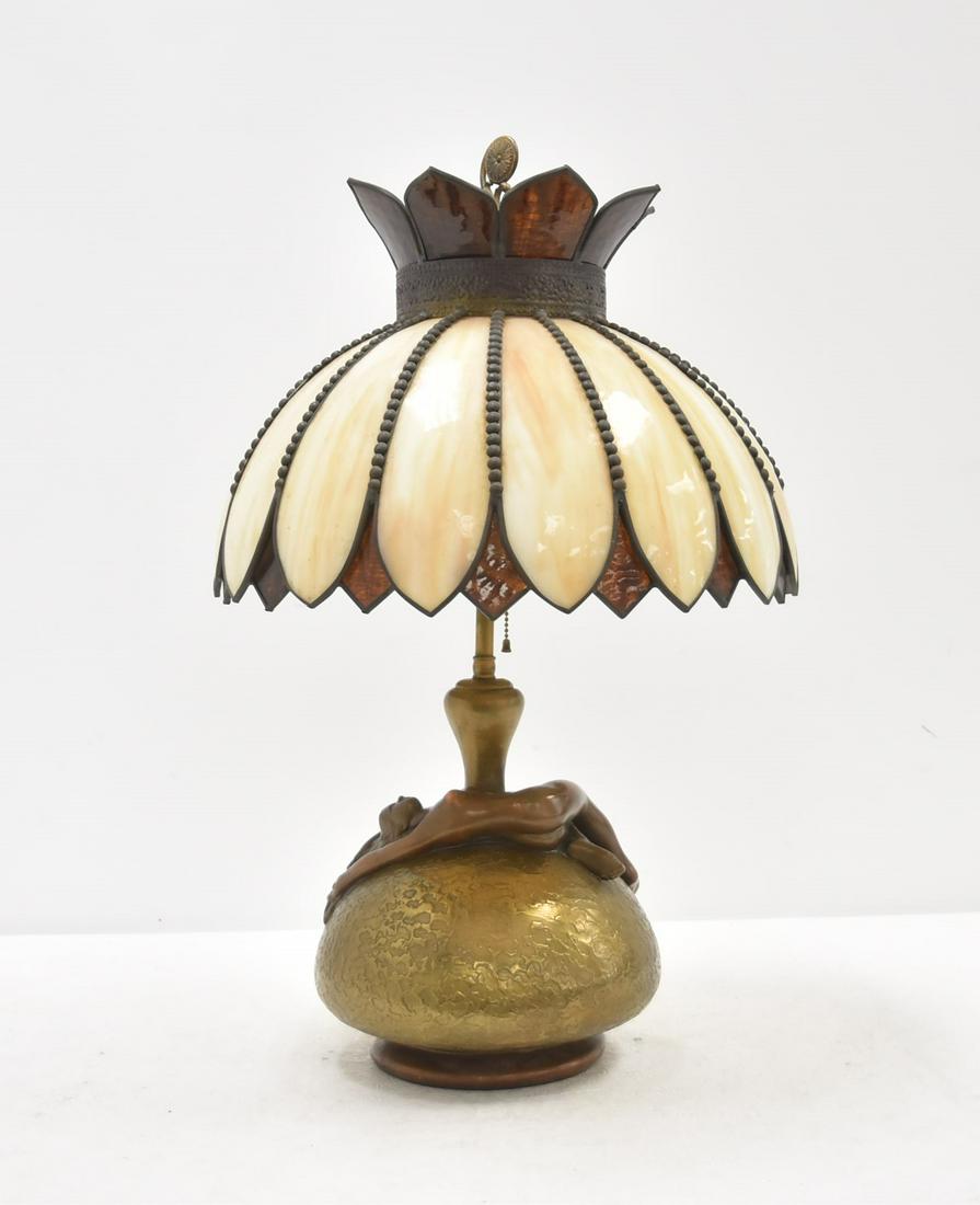 OLIVE KOOKEN BRONZED ART DECO NUDE FIGURAL LAMP: ART DECO BRONZED CHALKWARE LAMP BASE WITH RECLINING FEMALE NUDE WITH SLAG GLASS SHADE - 15" x 22"
