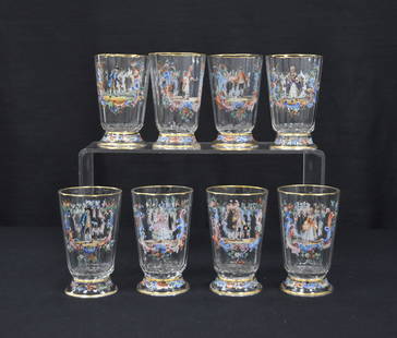 (8) J & L LOBMEYR ENAMEL GLASSES: (8) J & L LOBMEYR ENAMELED GLASSES WITH FIGURAL SCENES , SIGNED WITH J & L LOBMEYER MARK ; produced for Lobmeyr by Meyr's Neffe 2 3/4" x 4 1/2"