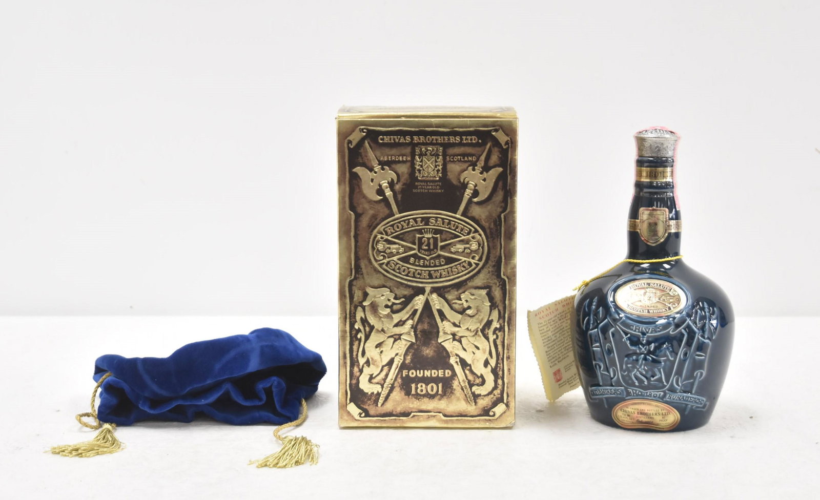 SEALED CHIVAS ROYAL SALUTE 21 YEAR SCOTCH WHISKEY: UNOPENED COLLECTIBLE SPODE ENGLAND CHIVAS ROYAL SALUTE SCOTCH WHISKEY ; IN ORIGINAL BOX - 5" x 5" x 9" (PLEASE NOTE THIS ITEM CAN ONLY BE RELEASED TO AUCTION SHIPPING Co. OR AUTHORIZED 3RD PARTY SHIPP