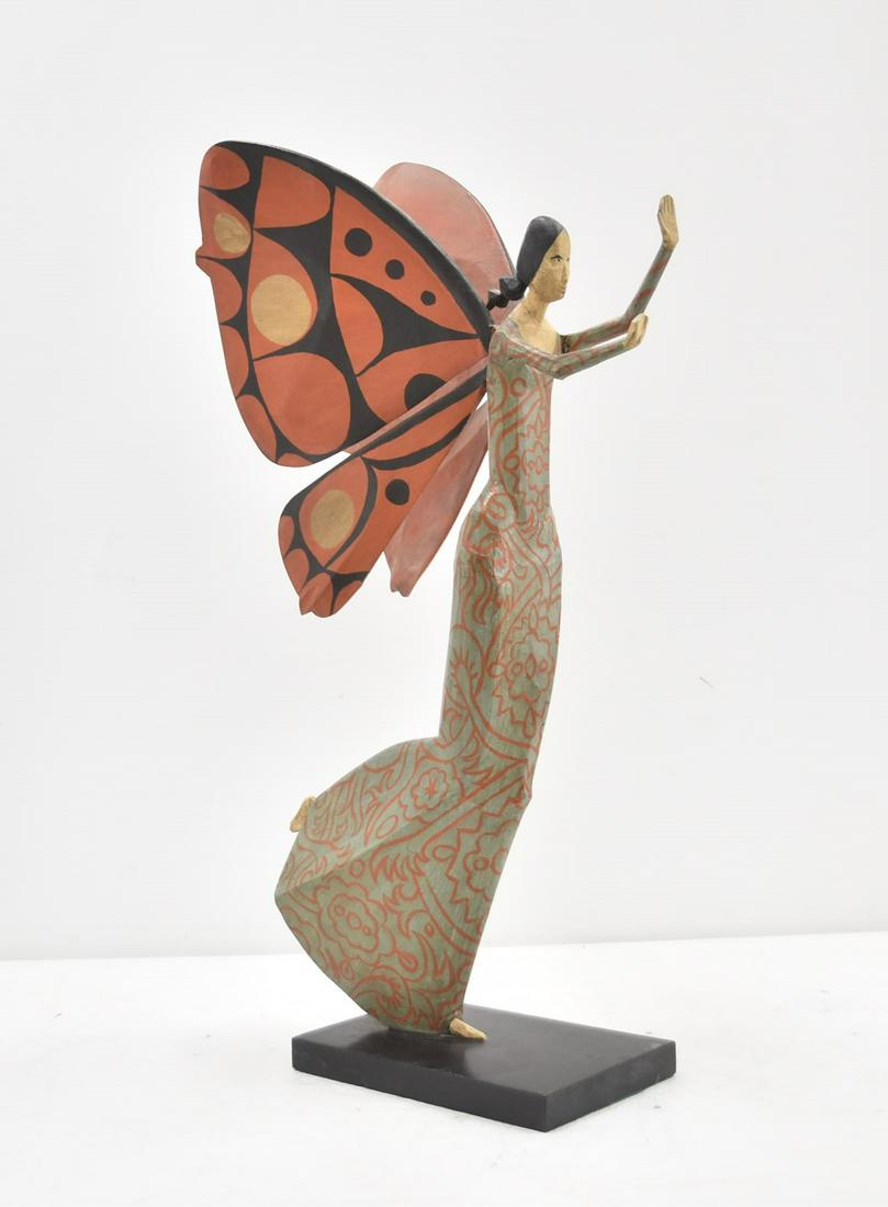 FRANCOIS BROCHET , FRENCH CARVED BUTTERFLY WOMAN: FRANCOIS BROCHET , (FRENCH, 1925-2001) PAINTED CARVED WOOD BUTTERFLY WOMAN , SIGNED BROCHET , 1966 - 9" x 15" x 27" (SOME MINOR REPAIR)(FROM THE ESTATE OF A PROMINENT FRENCH - AFRICAN DIPLOMAT KNOWN A