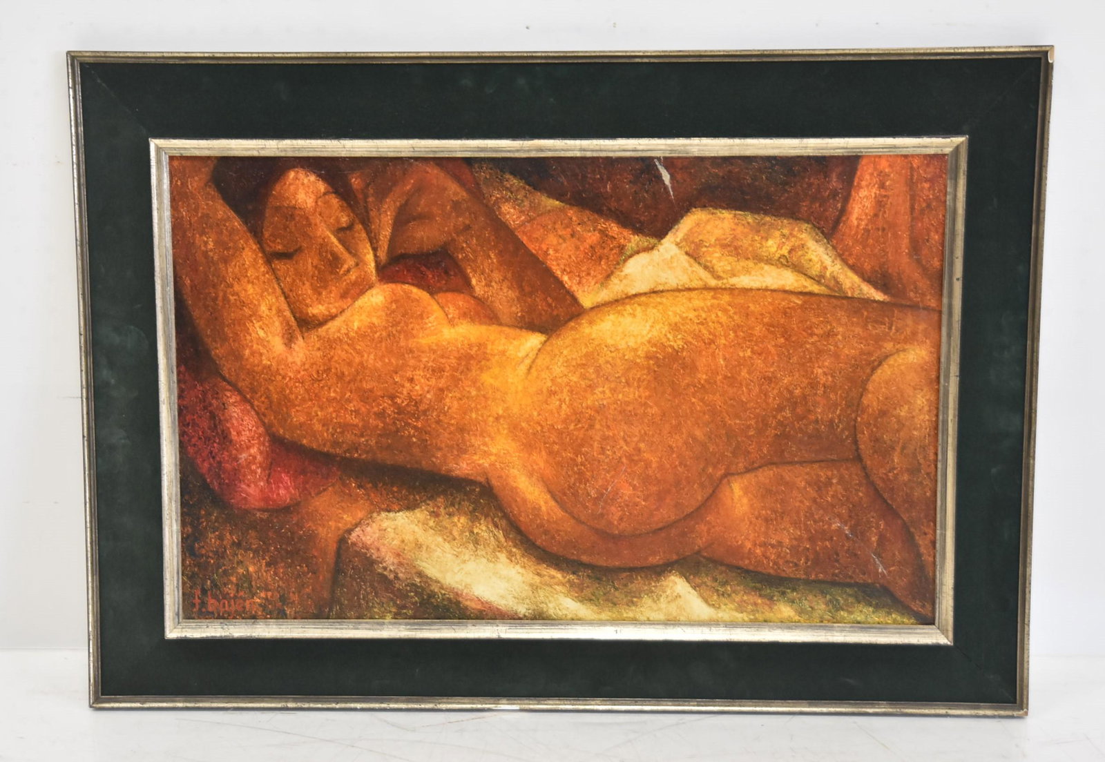 FRANCISCO BAJEN , OIL ON CANVAS RECLINING NUDE: FRANCISCO BAJEN(FRENCH / SPANISH , 1912-1983) OIL ON CANVAS RECLINING NUDE WOMAN , SIGNED BAJEN , LOWER LEFT - 24" x 15 1/2" ; 30" x 21" OVERALL (FROM THE ESTATE OF A PROMINENT FRENCH - AFRICAN DIPLOM