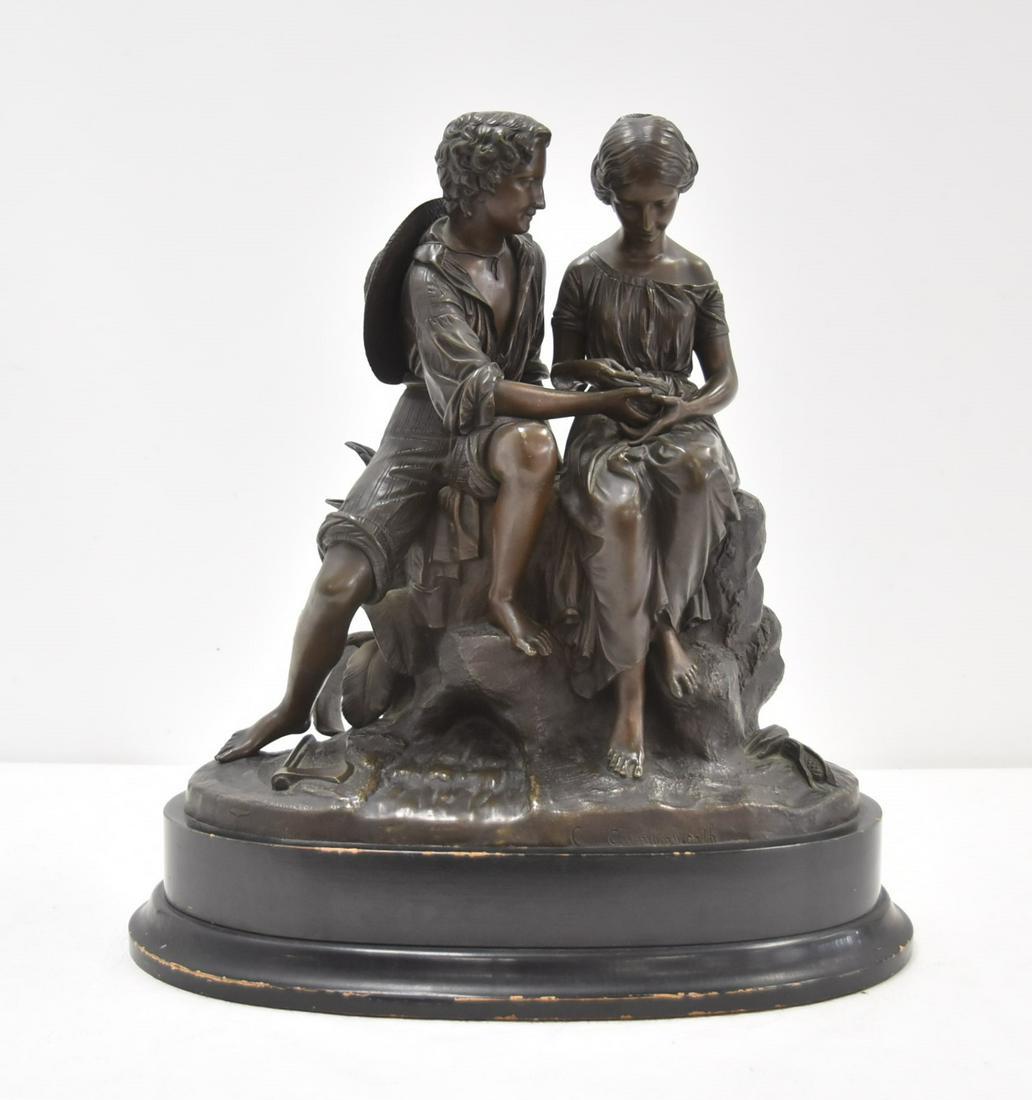 ROMANTIC FRENCH BRONZE GROUPING BY CUMBERWORTH: CHARLES CUMBERWORTH (FRENCH, 1811-1852) FRENCH BRONZE GROUPING OF AMOROUS COUPLE HOLDING BIRD NEST , SIGNED CUMBERWORTH , ON FRONT OF BASE , WITH SUSSE FRERES , PARIS FOUNDRY MARK , ON WOOD BASE - 16"