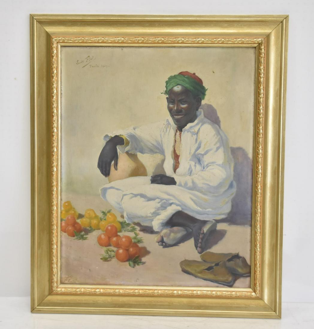 LOUIS FLOT , OIL ON CANVAS ORIENTALIST SELLER: LOUIS FLOT (FRENCH, 1865-1942) OIL ON CANVAS NUBIAN - BLACKAMOOR FIGURE MARKET SELLER SEATED WITH LEMONS & ORANGES , SIGNED LOUIS FLOT , UPPER LEFT , 1909 - OIL IS 26" x 32" ; OVERALL FRAME IS 34" x 4