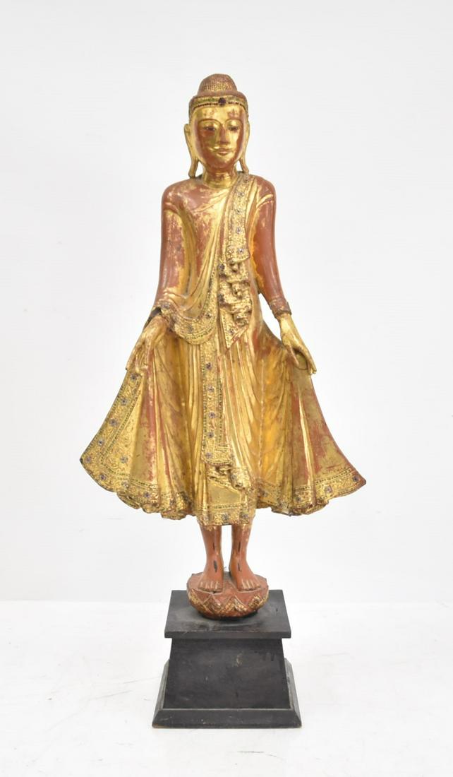 LARGE CARVED JEWELED GILTWOOD BUDDHA STATUE (1 of 12)