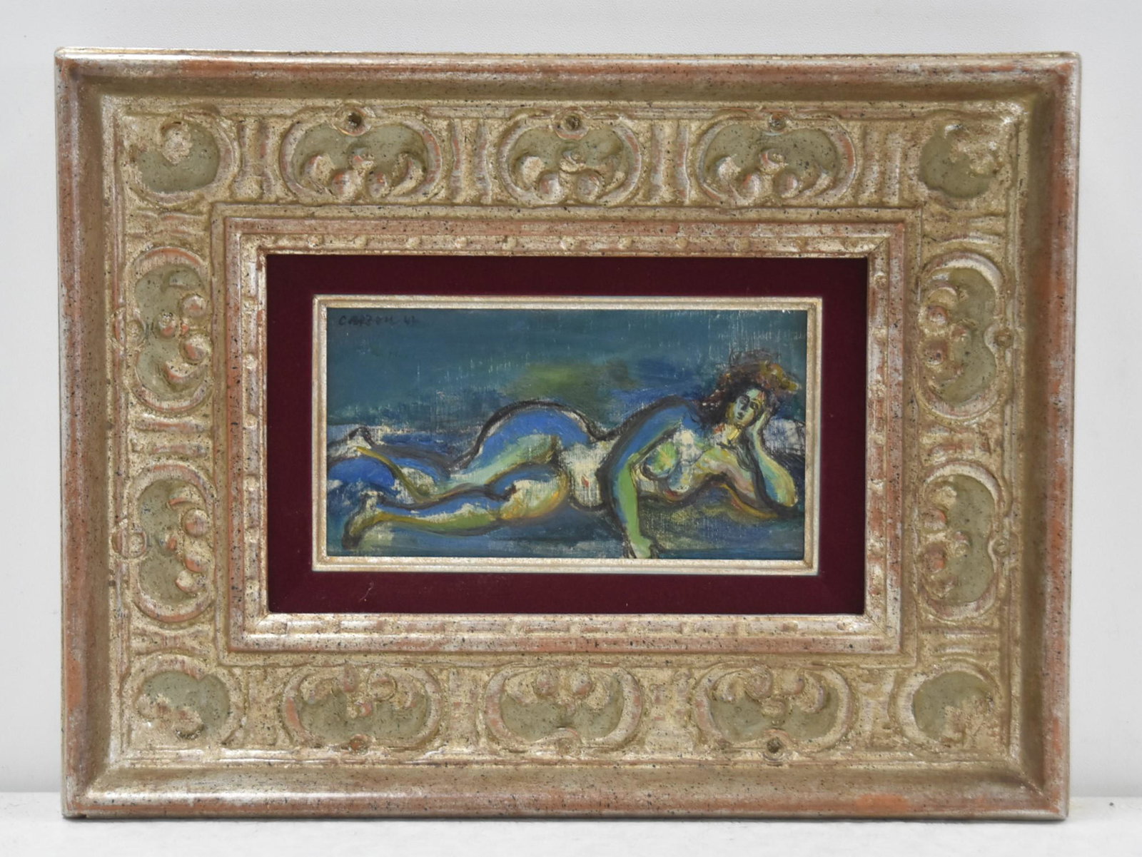JEAN CARZOU , OIL ON CANVAS RECLINING NUDE FEMALE: JEAN CARZOU (FRENCH / AMERICAN, 1907-2000) OIL ON CANVAS RECLINING FEMALE NUDE STUDY , SIGNED CARZOU , UPPER LEFT - 9" x 5" ; 16" x 12" FRAMED (FROM THE ESTATE OF A PROMINENT FRENCH - AFRICAN DIPLOMAT