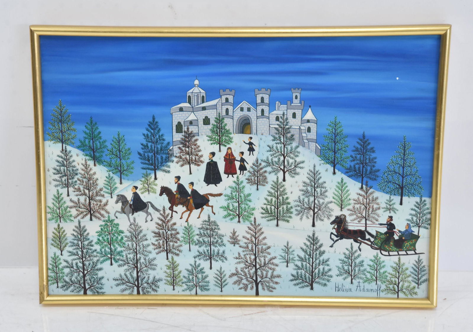 HELENA ADAMOFF , RUSSIAN OIL ON CANVAS FOLK ART: HELENA ADAMOFF (RUSSIA . FRANCE ,b. 1906) OIL ON CANVAS RUSSIAN FOLK ART FIGURES IN LANDSCAPE , SIGNED HELENA ADAMOFF , TITLED DEPART DU FILS AINE - 22" x 15 1/2" (FROM THE ESTATE OF A PROMINENT FRENC