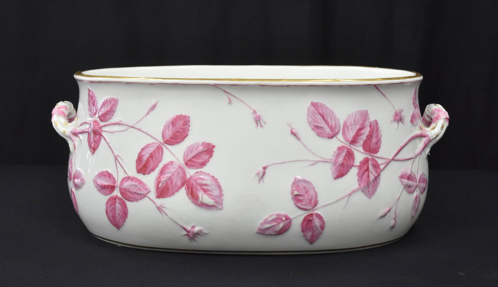 LARGE MINTON PORCELAIN FOOTBATH: WITH PINK RIBBON DECORATIONS & FOLIATE HANDLES - 20" x 13" x 8"