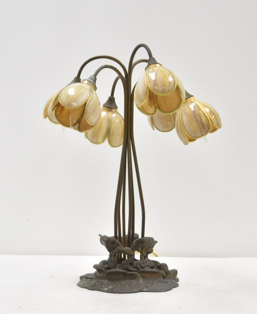 ART NOUVEAU BRONZE & SLAG GLASS LILLY PAD LAMP (1 of 20)