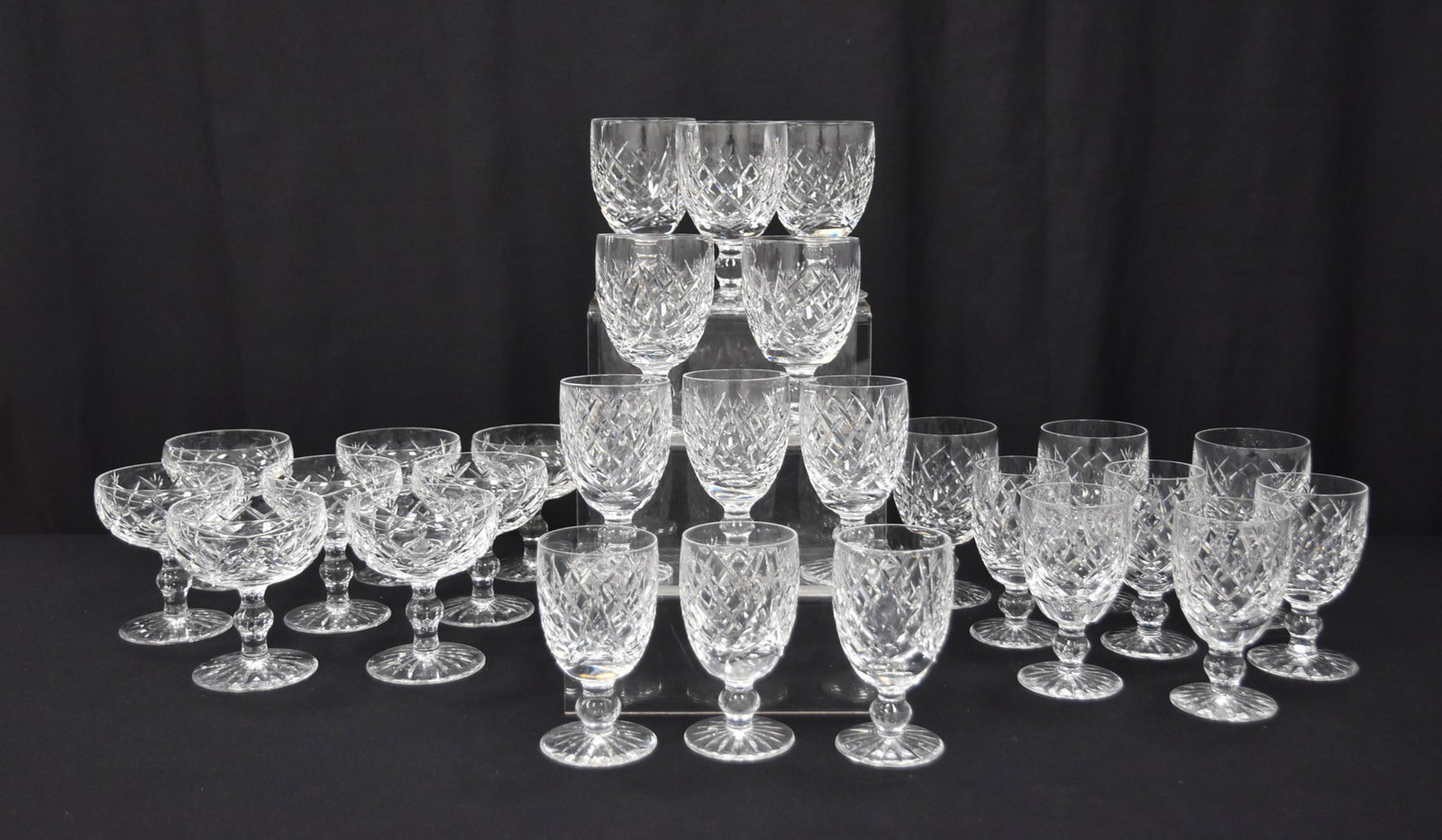 (27)pc WATERFORD "DONEGAL" PATTERN STEMWARE: WATERFORD DONEGAL PATTERN CUT CRYSTAL STEMWARE INCLUDING (8) WINE GLASSES , (11) GOBLETS & (8) CHAMPAGNE GLASSES