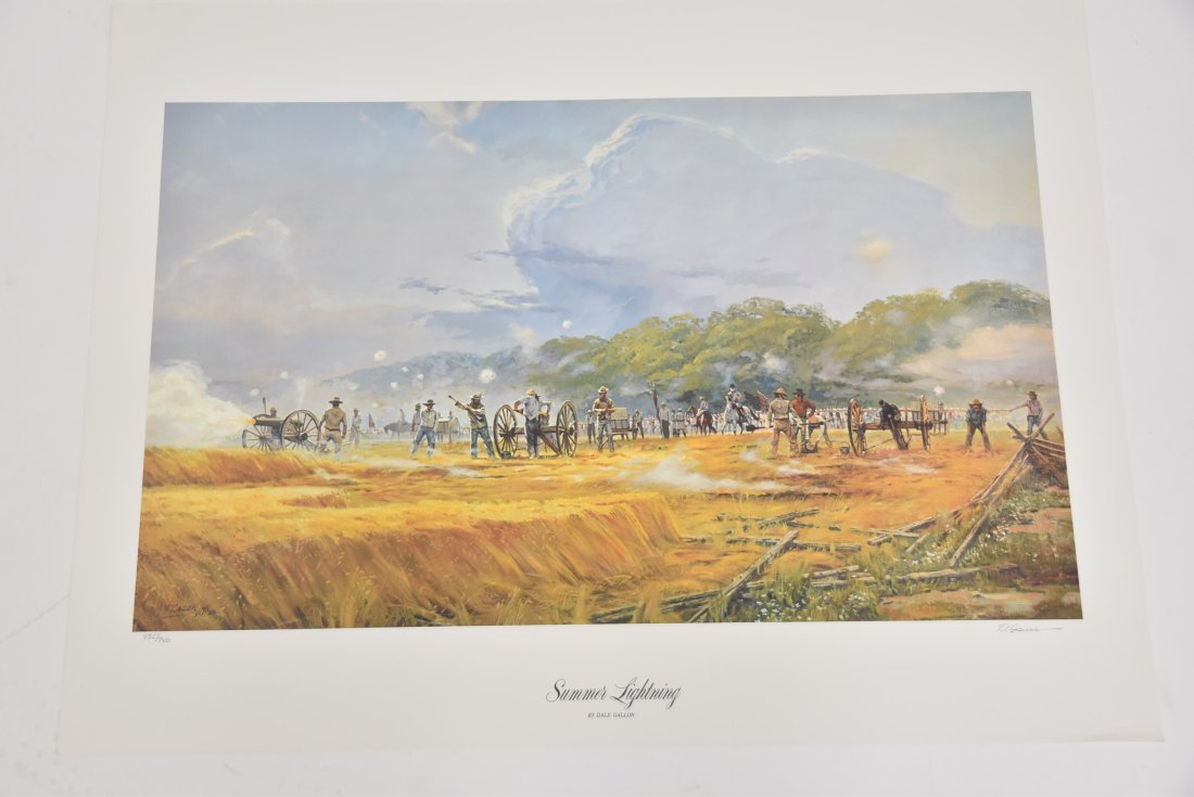 DALE GALLON CIVIL WAR PRINT "SUMMER LIGHTNING": DALE GALLON (AMERICAN,20thC-201st) LIMITED EDITION AMERICAN CIVIL WAR PRINT , TITLED "SUMMER LIGHTNING" , HAND SIGNED DALE GALLON , 1984 & NUMBERED 335/950 ; WITH CERTIFICATE OF AUTHENTICITY -30 1/2"