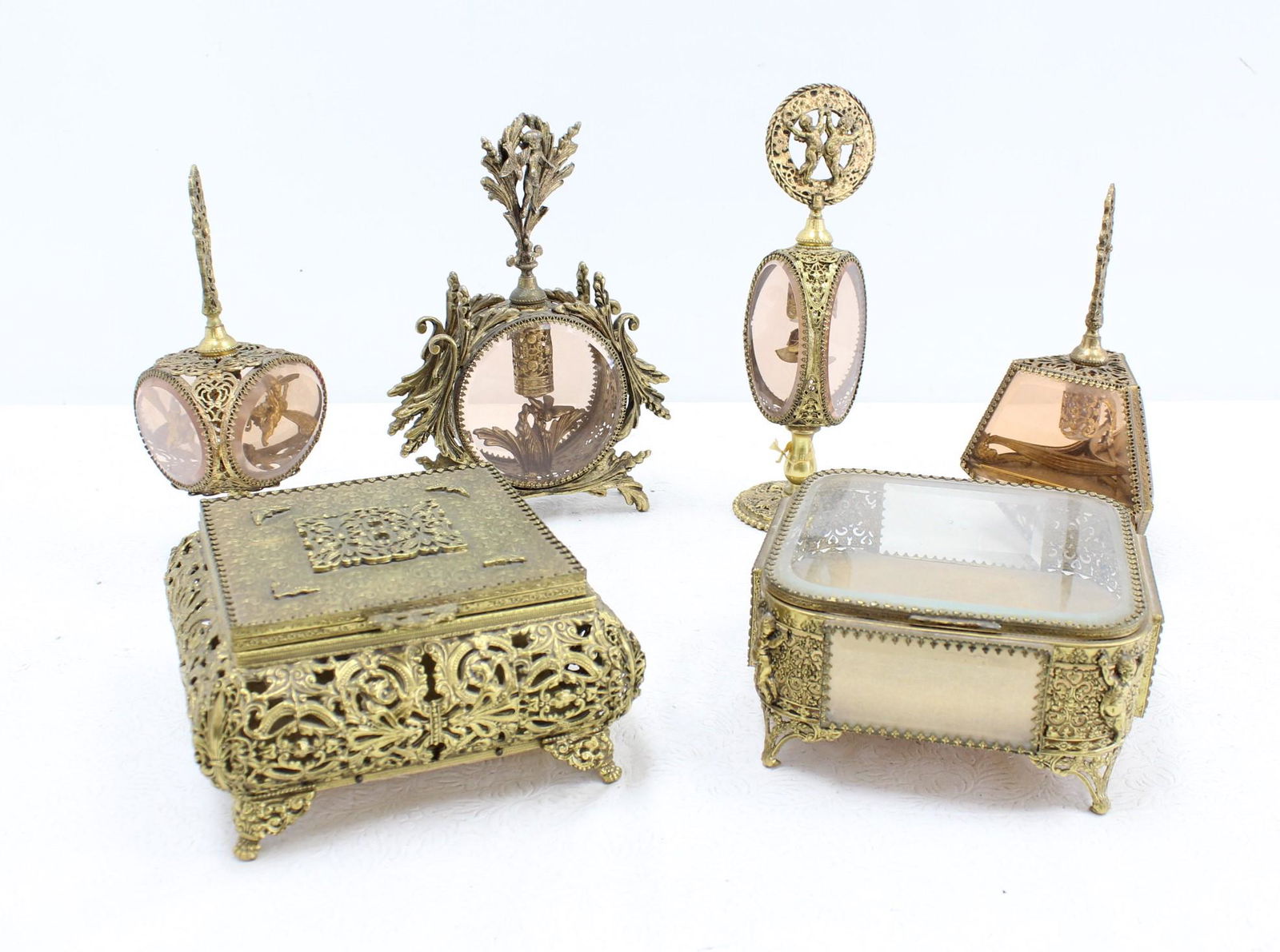 (6)pc AMBER GLASS & FILIGREE DRESSER SET (1 of 7)