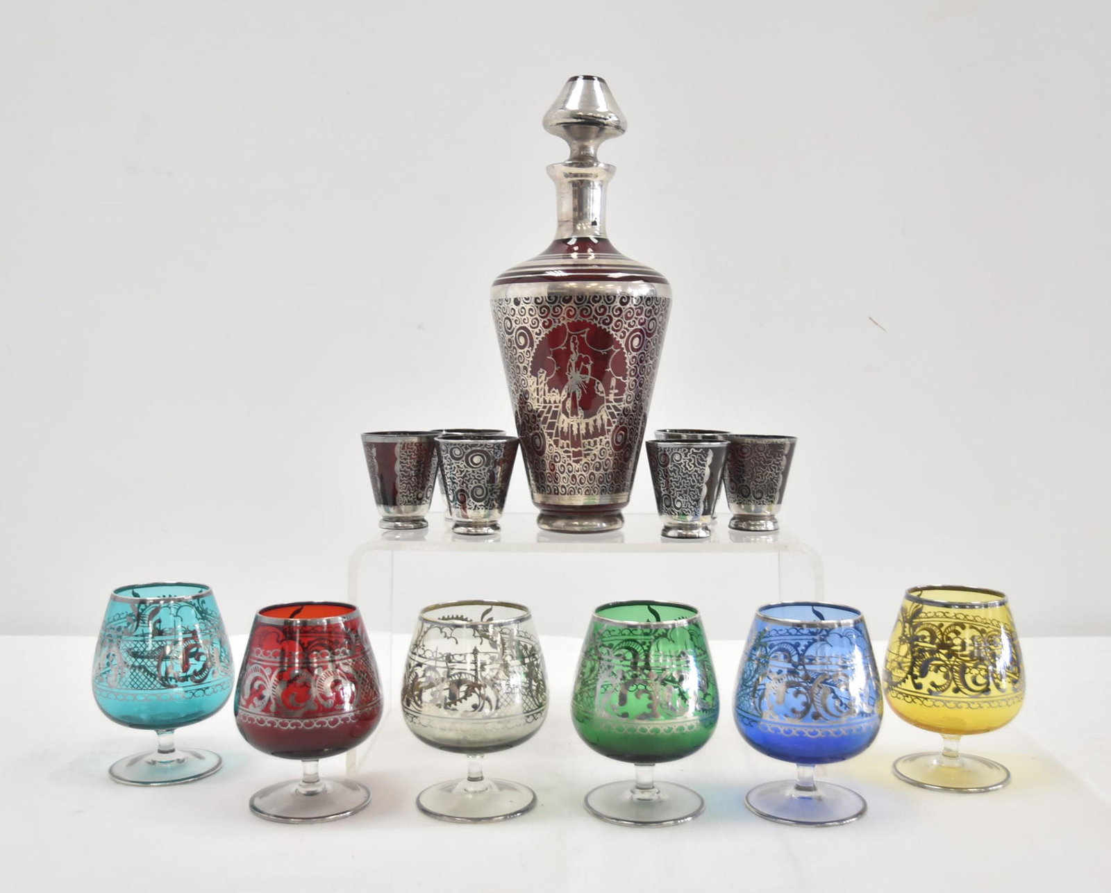 SILVER OVERLAY COLORED GLASS BARWARE LOT (1 of 19)