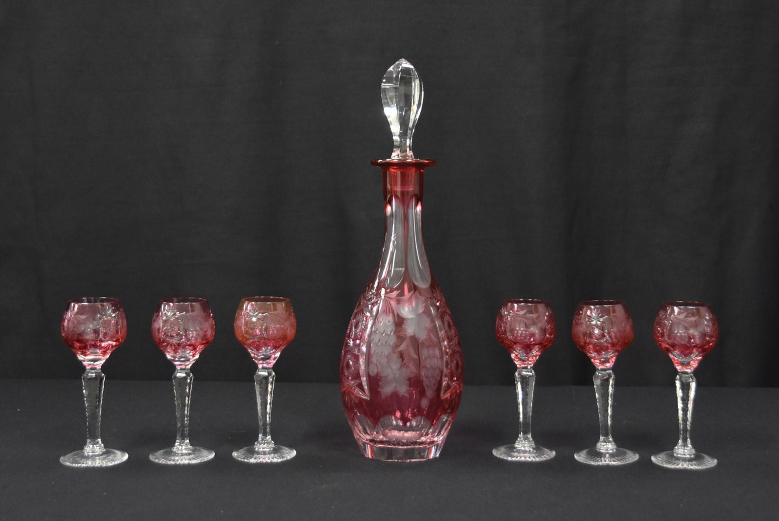 (7)pc CRANBERRY CUT GLASS CORDIAL SET (1 of 9)