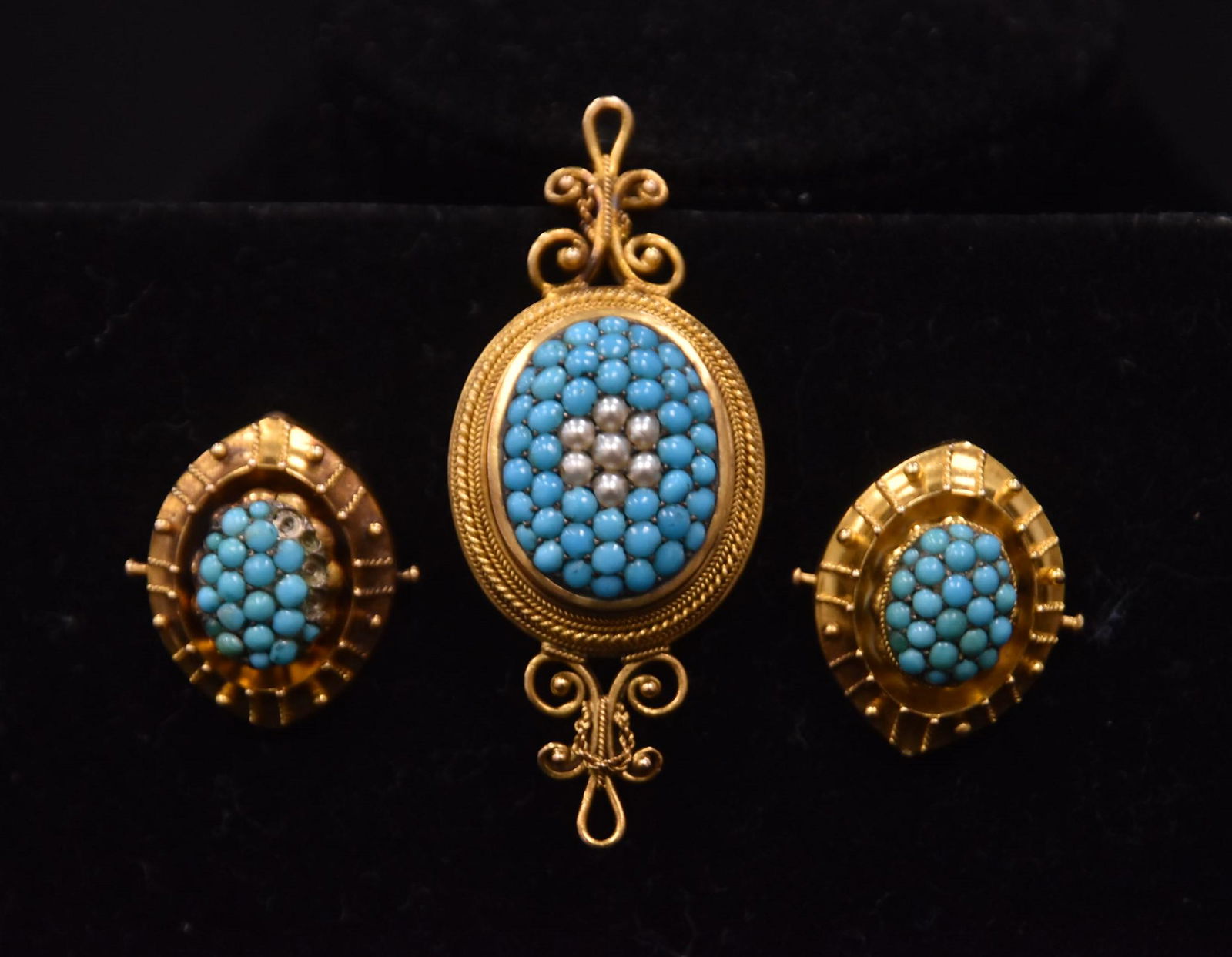 VICTORIAN 10kt GOLD & TURQUOISE PIN & EARRINGS (1 of 10)