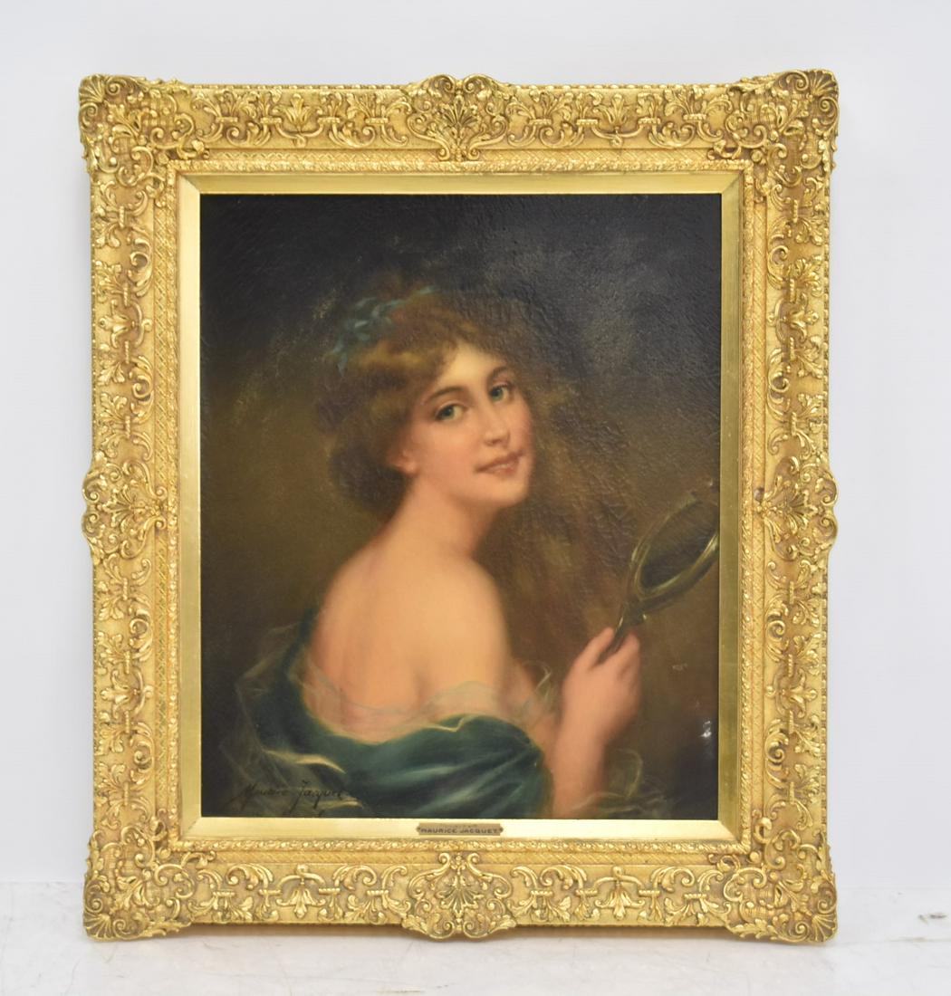 MAURICE JACQUET, FRENCH OIL ON CANVAS PORTRAIT: MAURICE JACQUET (FRENCH, b. 1877-?) OIL ON CANVAS PORTRAIT OF YOUNG LADY HOLDING HAND MIRROR , TITLED "VANITY" , SIGNED MAURICE JACQUET , SET IN ANTIQUE CARVED GILTWOOD FRAME - 22" x 26" ; 33" x 29" O