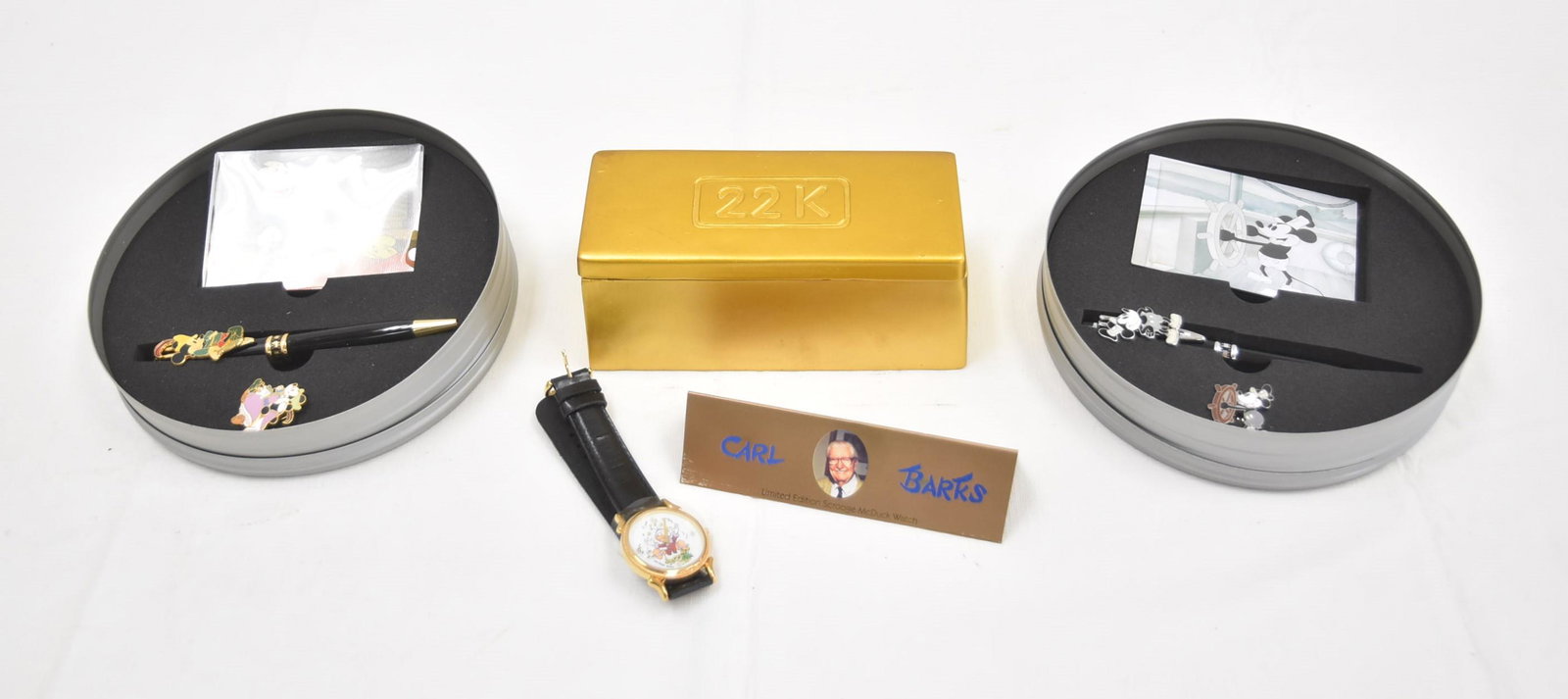 WDCC WATCH & PIN GROUPING: WALT DISNEY CARL BARKS SCROOGE McDUCK WATCH / STEAMBOAT WILLIE PEN & PIN SET / MICKEY MOUSE BRAVE LITTLE TAYLOR PEN & PIN SET