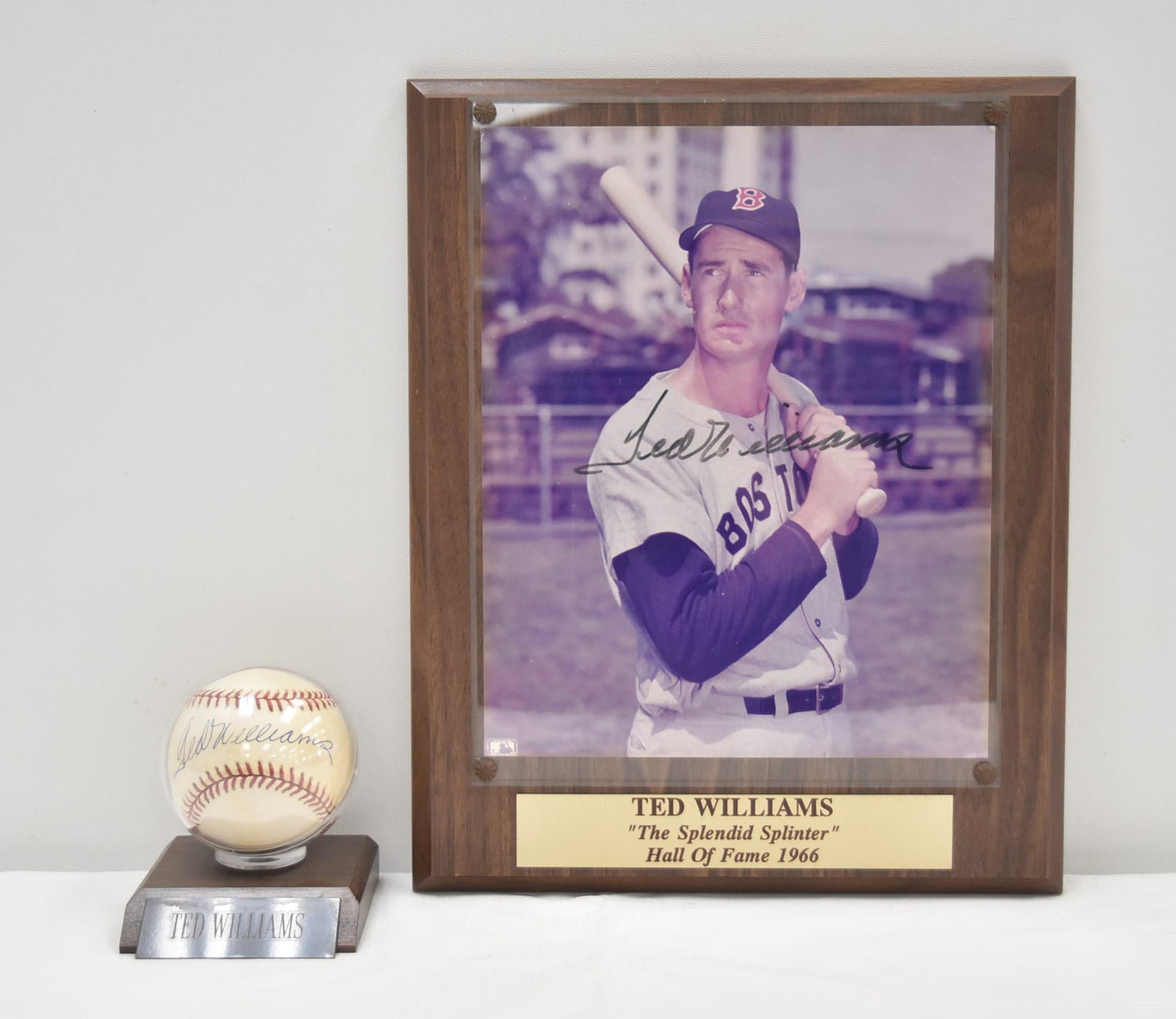 TED WILLIAMS AUTOGRAPHED PHOTO & BASEBALL: TED WILLIAMS SPLENID SPLINTER SIGNED 8' x 10 PHOTO PLAQUE - 10 1/2" x 13" ; WITH STACKS OF PLAQUES STICKER ON BACK / TED WILLIAMS SIGNED BASEBALL
