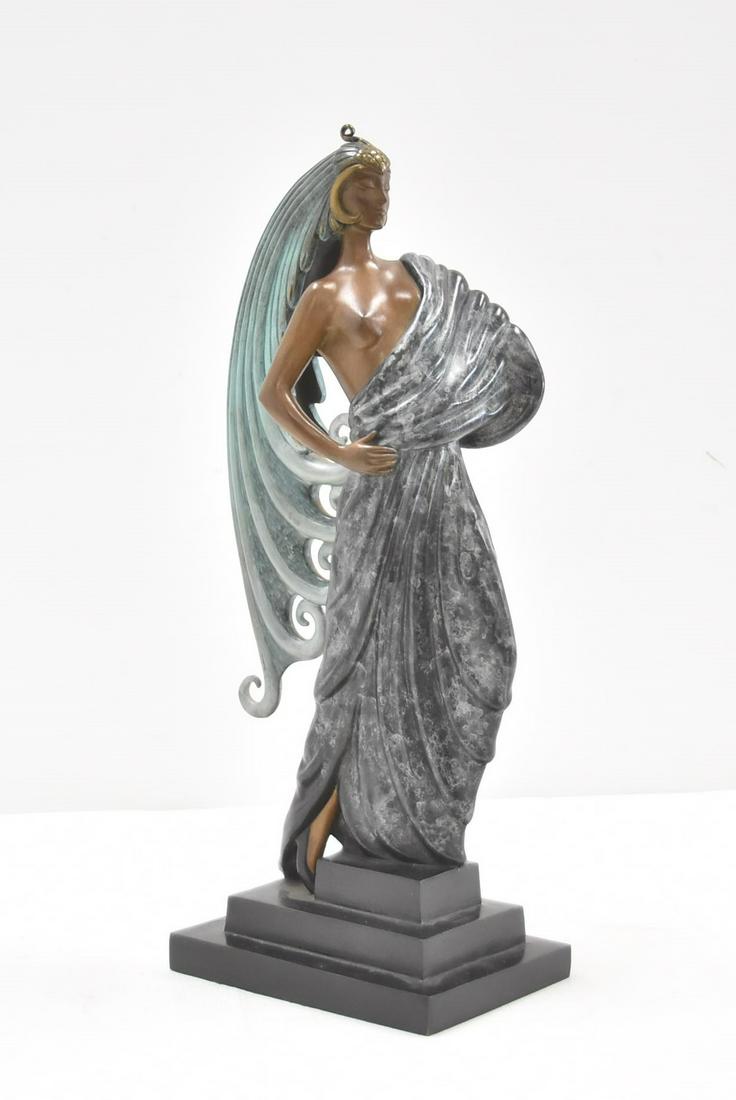 ERTE BEAUTY & THE BEAST BRONZE SCULPTURE: Erte (Romain De Tirtoff) (Russian, 1892-1990). Art deco "Beauty and the Beast" sculpture. Cold Painted Cast bronze Sculpture , depicting a beautiful Art Deco lady. wearing Animal Cloth , raised on tap