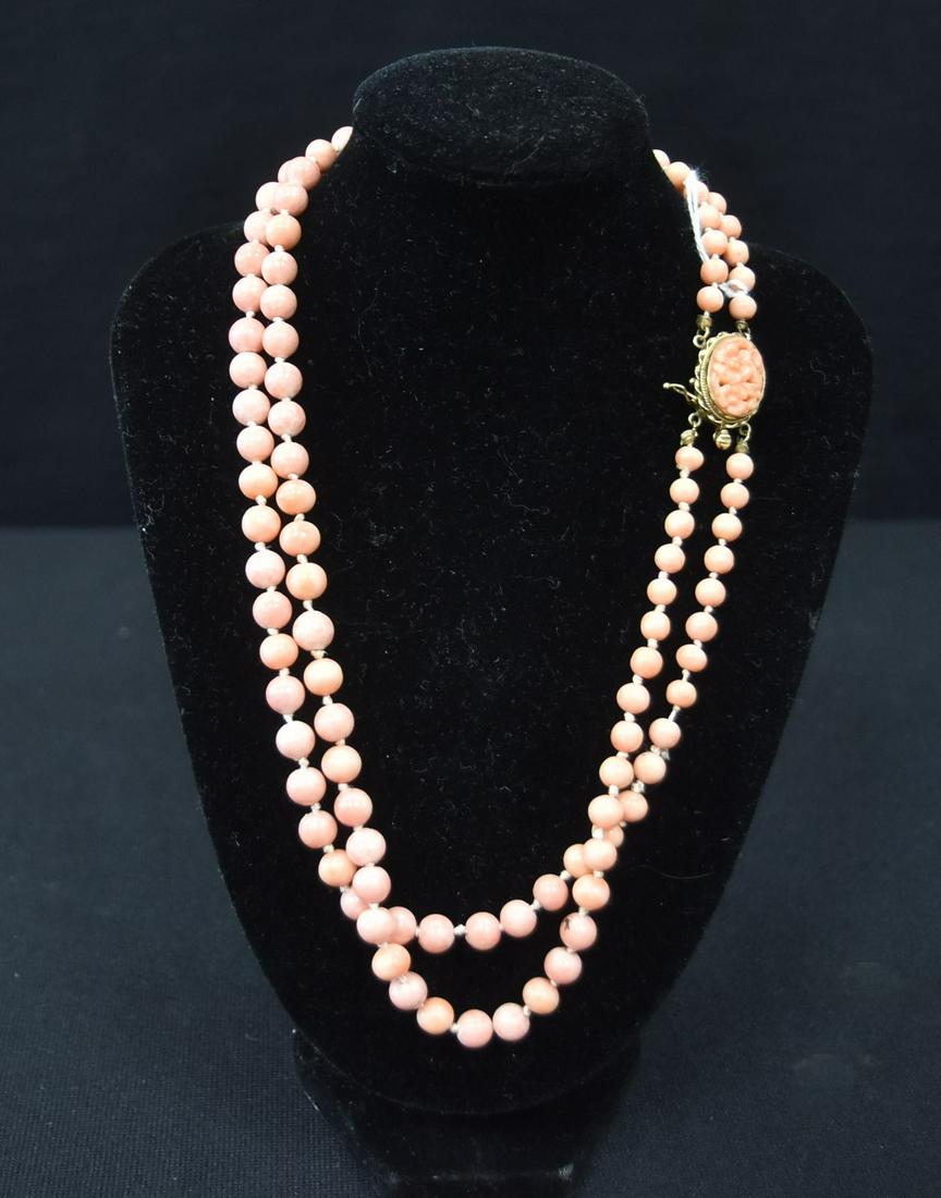 DOUBLE STRAND ANGEL SKIN CORAL BEAD NECKLACE: 2-STRAND 14kt GOLD & ANGEL SKIN CORAL NECKLACE WITH 14kt GOLD CLASP - 17" LONG