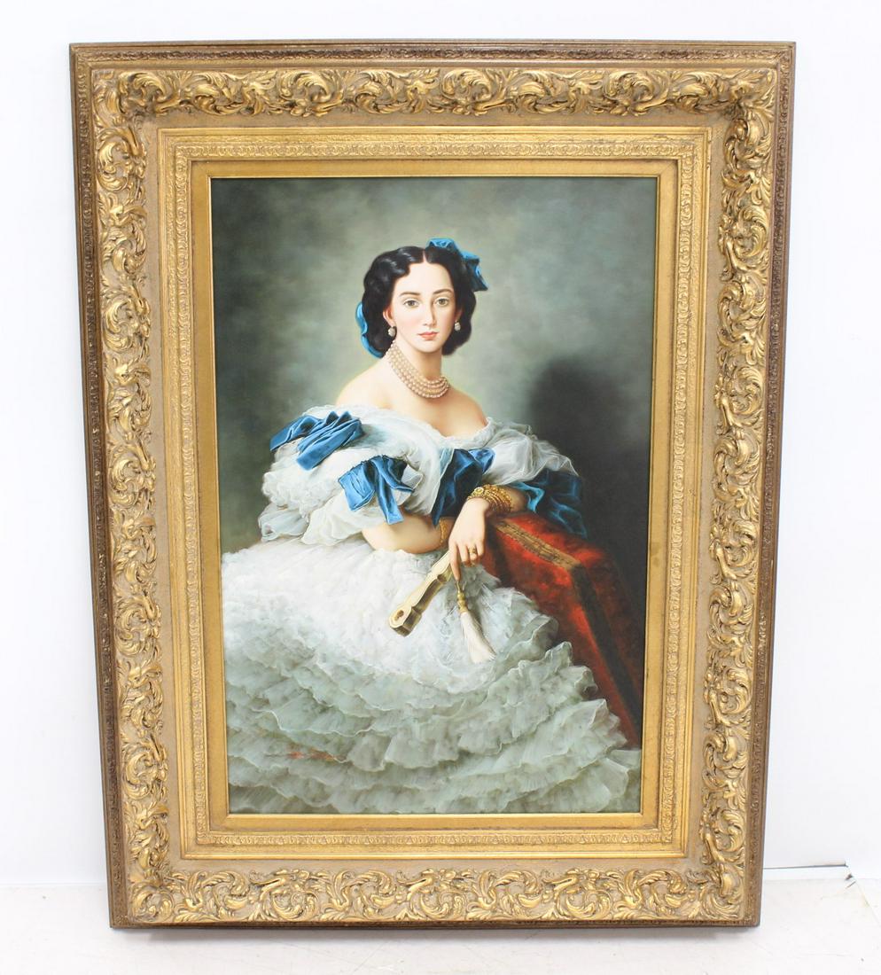 LARGE GICLEE ON CANVAS OF LADY HOLDING FAN: JOHN DAWSON , GICLEE ON CANVAS OF SEATED LADY HOLDING FAN , SIGNED JOHN DAWSON - 24" x 36" ; 37 1/2" x 49 1/4"