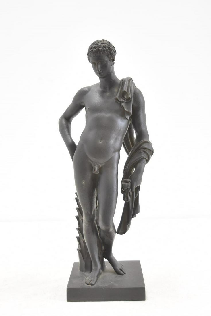 ATTR ANDRE - ANTOINE RAVRIO , BRONZE HERMES: ATTRIBUTED TO ANDRE ANTIONE RAVRIO (FRENCH, 1759-1814) BRONZE MALE NUDE FIGURE OF GREEK GOD HERMES , THE HERALD OF THE GODS IN GREEK MYTHOLOGY , SIGNED A RAVRIO - PARIS - 5 1/2" x 4 1/2" x 15" ; AFTER