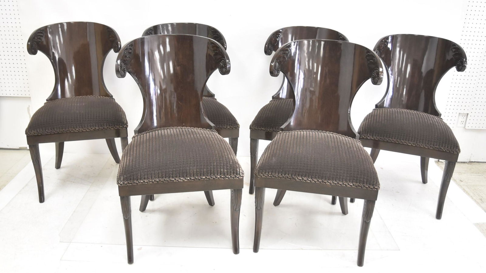 RUSNAK BROS , (6) ART DECO CHAIRS: (6) ART DECO LAMINATED & LACQUERED UPHOLSTERED SIDE CHAIRS , ATTRIBUTED TO RUSNAK BROTHERS - 19" x 20" x 34 1/2"