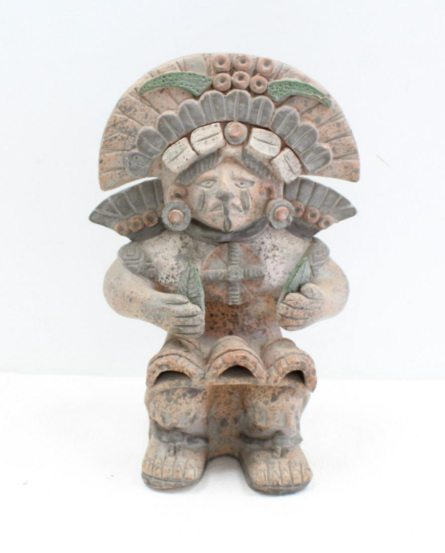 REPLICA AZTEC POTTERY WARRIOR VESSELL: REPLICA PRE COLUMBIAN AZTEC POTTERY FIGURAL VESSELL - 8 1/2' x 7" x 14"