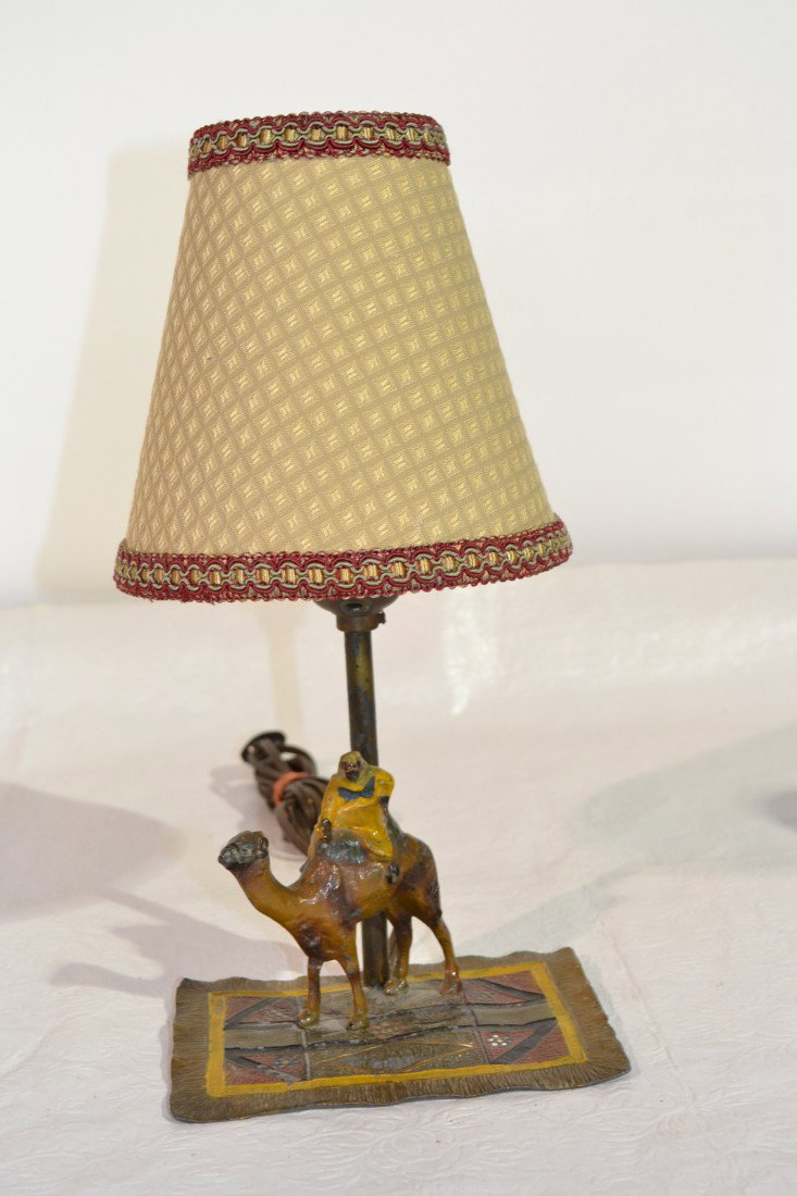 COLD PAINTED SPELTER ARAB ON CAMEL BERGMAN STYLE L: COLD PAINTED SPELTER ARAB ON CAMEL BERGMAN STYLE LAMP WITH PERSIAN RUG BASE & SHADE - 3" x 8" , 8" x 4 3/4" x 12" OVERALL