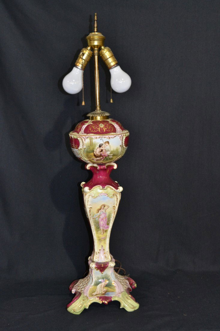 FINELY HAND PAINTED ROYAL VIENNA CONVERTED: OIL LAMP DECORATED WITH 3 FIGURAL SCENES - 22" TALL WITHOUT ELECTRIC