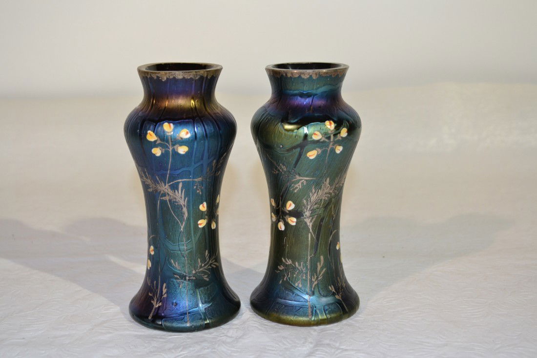 (Pr) LOETZ ART GLASS VASES WITH ENAMEL FLOWERS: 2 3/4" x 6 1/2"